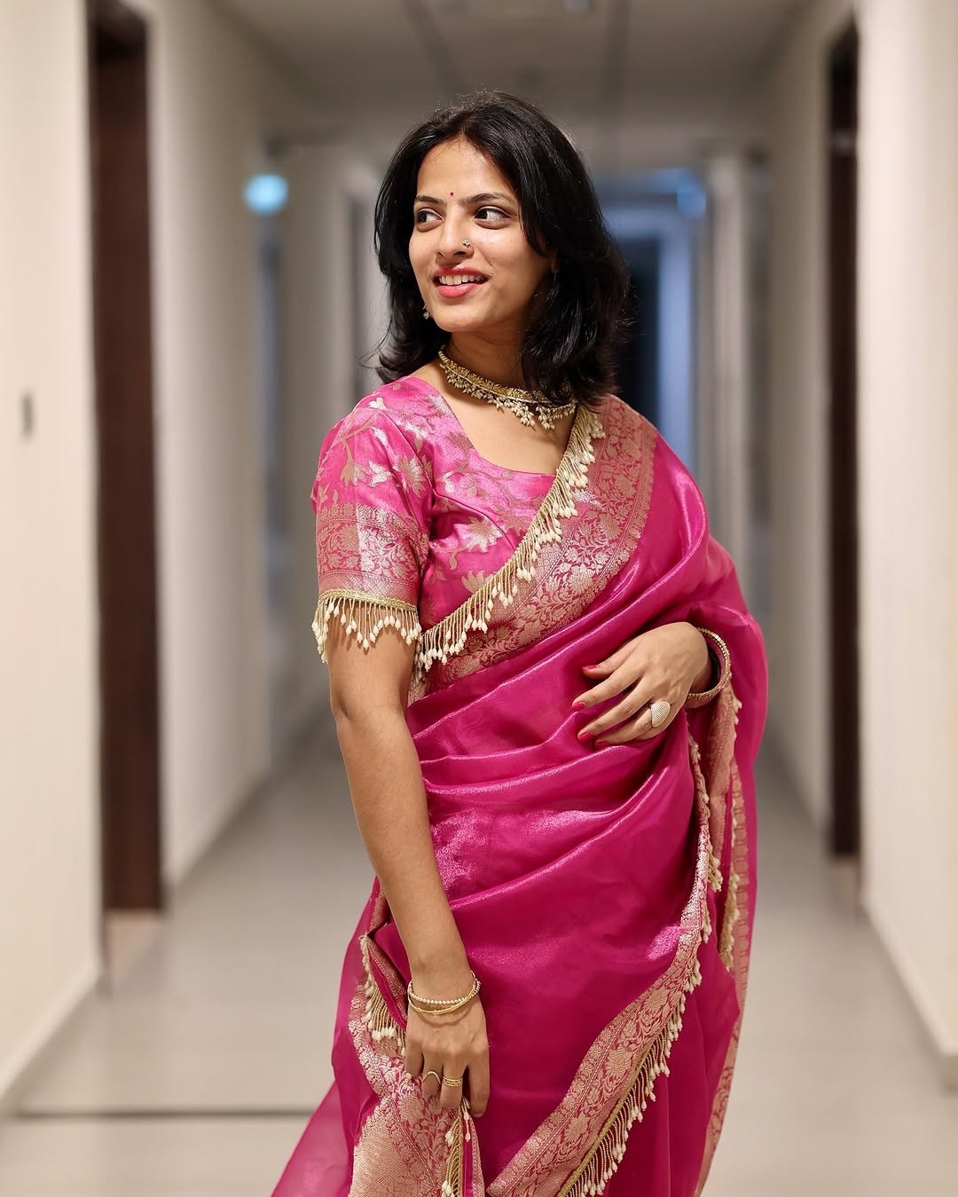 Premium Banarasi Tissue Silk Saree Pink Designer Lace Border Wedding Wear Sari