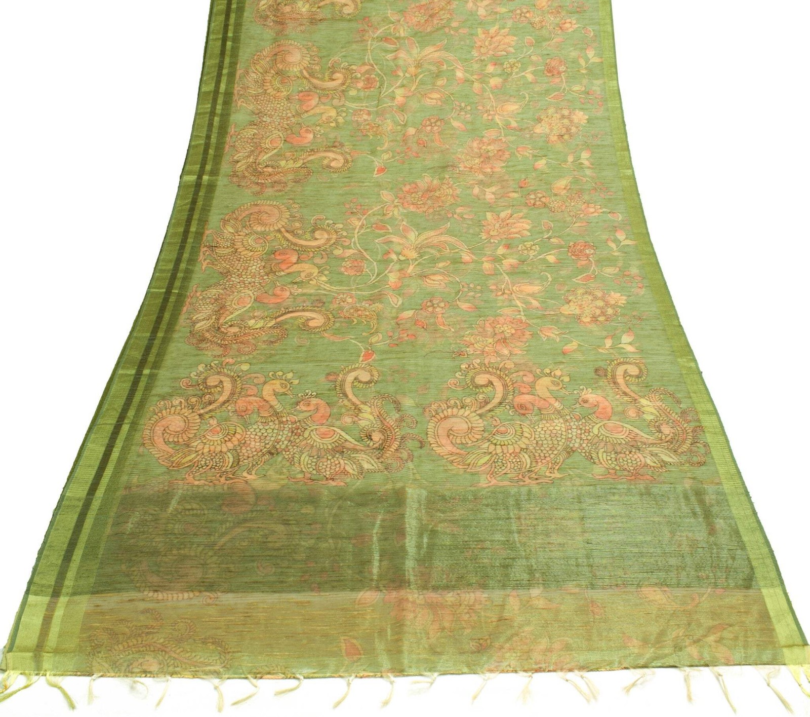 Sushila Vintage Green Silk Saree Kalamkari Printed & Woven Peacock Sari Fabric