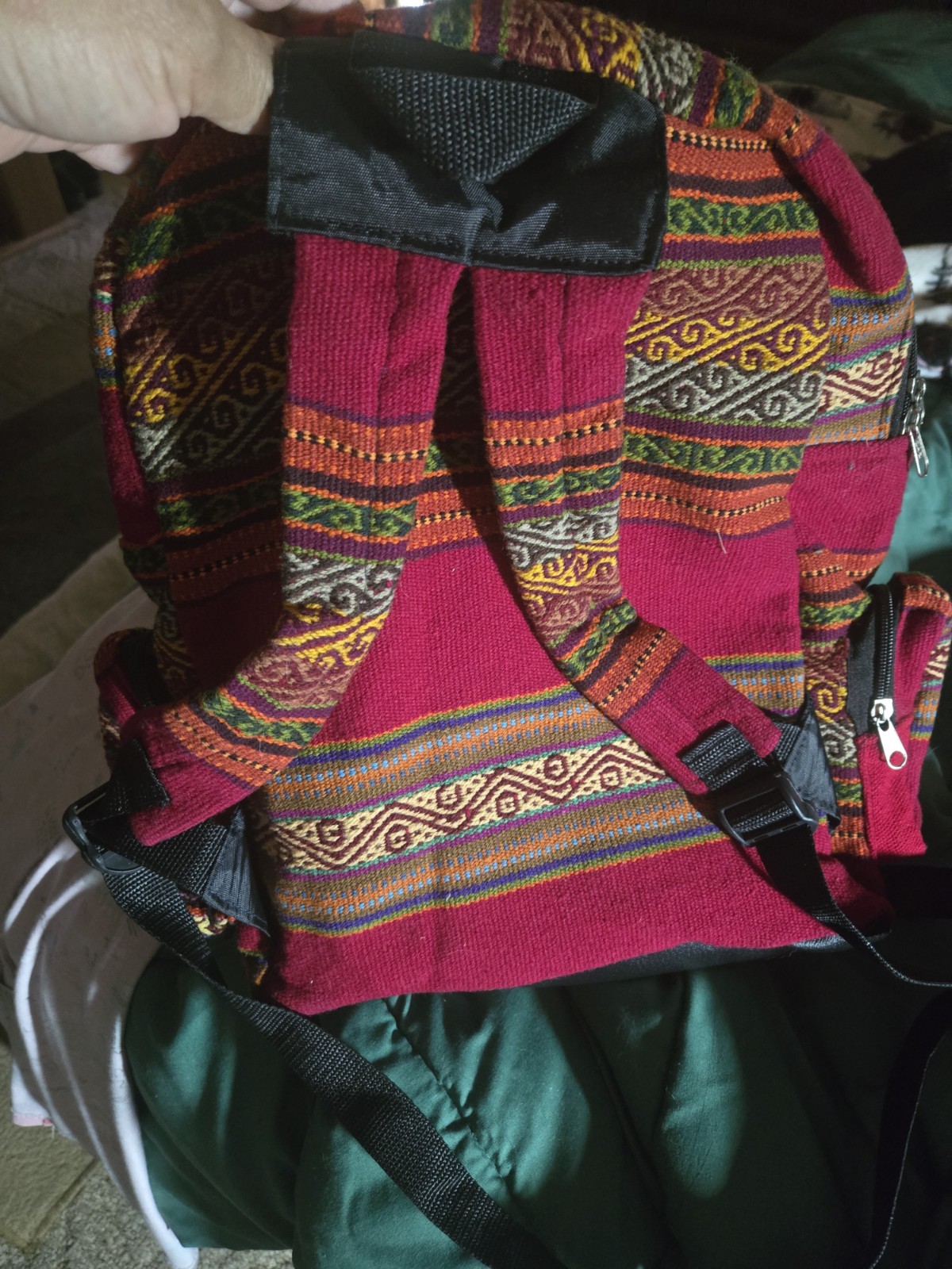 Handmade Andean Cotton Backpack Red Latin American Embroidered Multicolor
