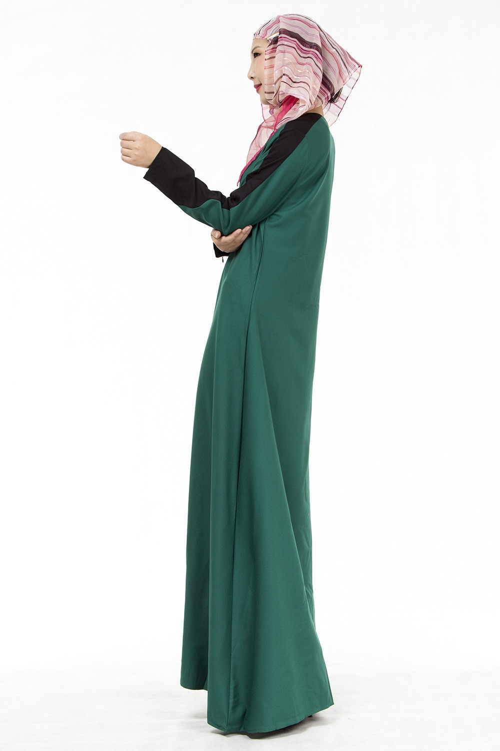 Muslim Women Round Neck Abaya Front Zipper Long Sleeve Kaftan Dress Party Gown