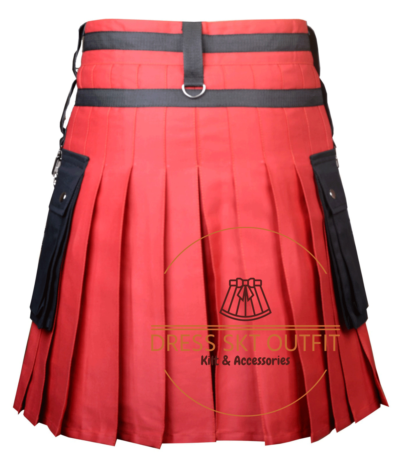 Scottish Men’s Red Black Cotton Utility Fashion Kilt Punk Goth Hybrid Cargo Kilt