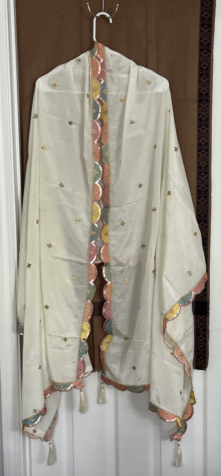 Women Gharara Embroidery with sequin Silk 3 pcs Suit Color-off White Chest-40in