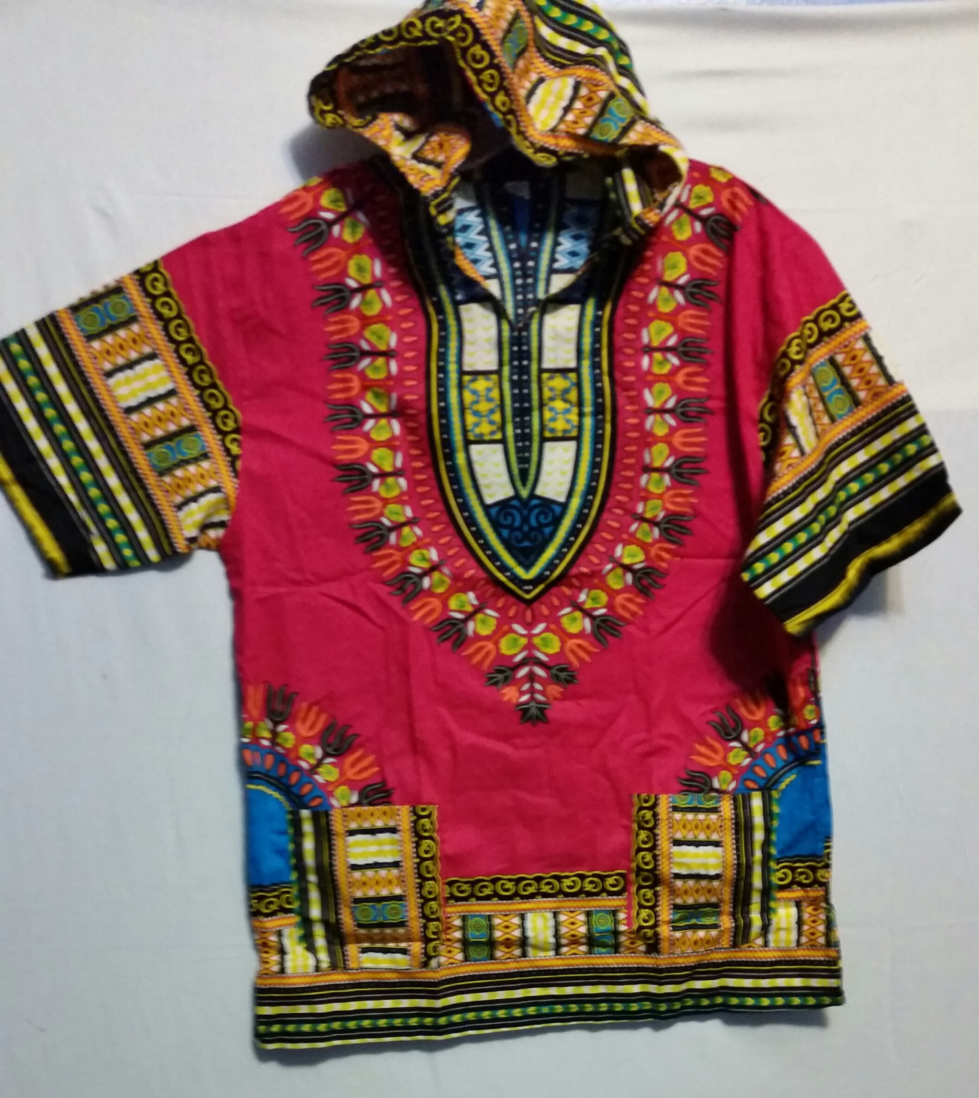 Men Women African Dashiki Hoodie Top W/ Hood Traditional Pink Yellow S M L