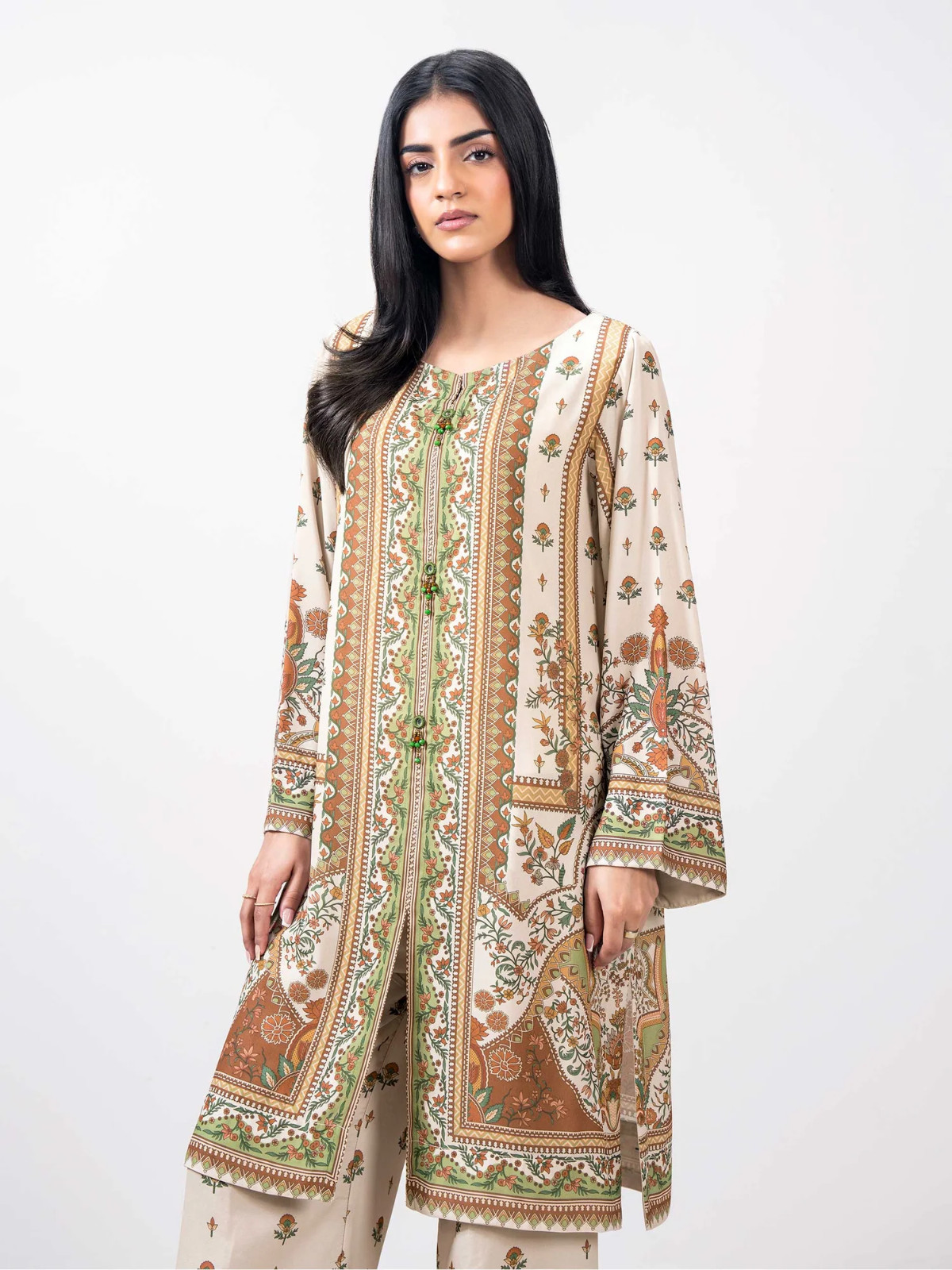 Pakistani Beige 2 Pcs printed grip Dress ,M