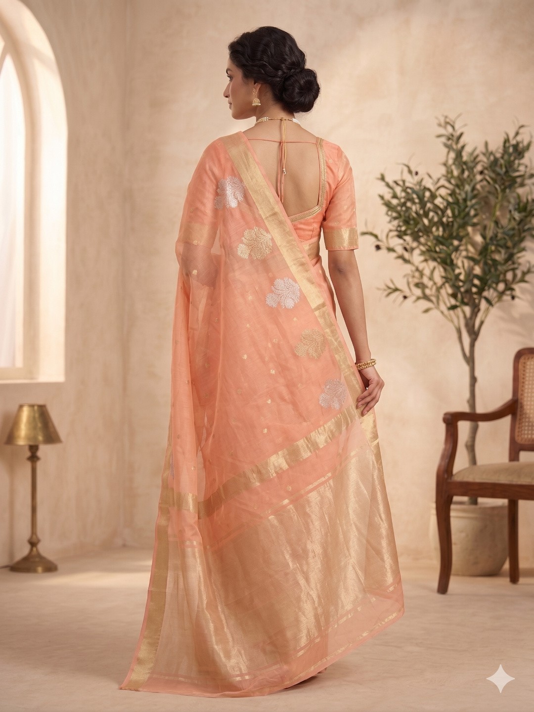 Organza Silk Peach Saree Zari Weave Saree/Sari