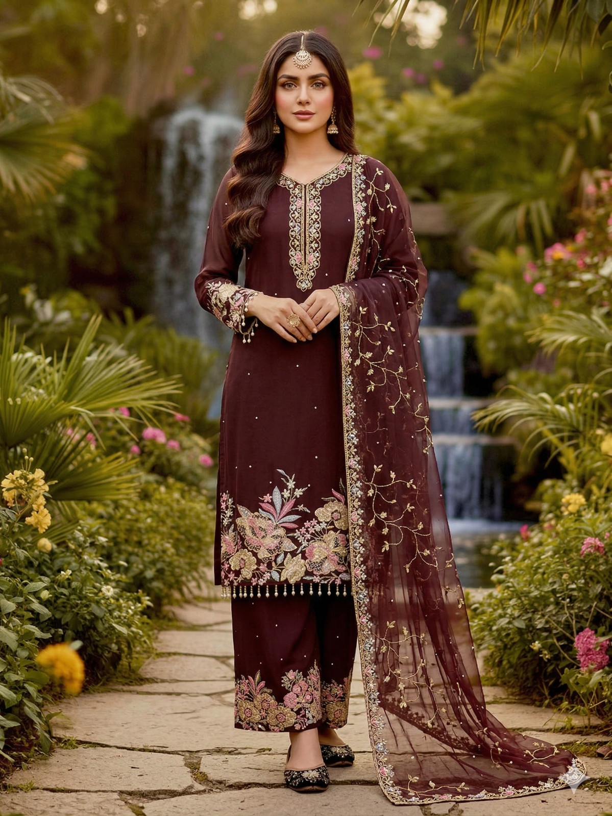 Wine Color Ready To Wear Faux Georgette Salwar Kameez Wedding Party Ethnic Suit