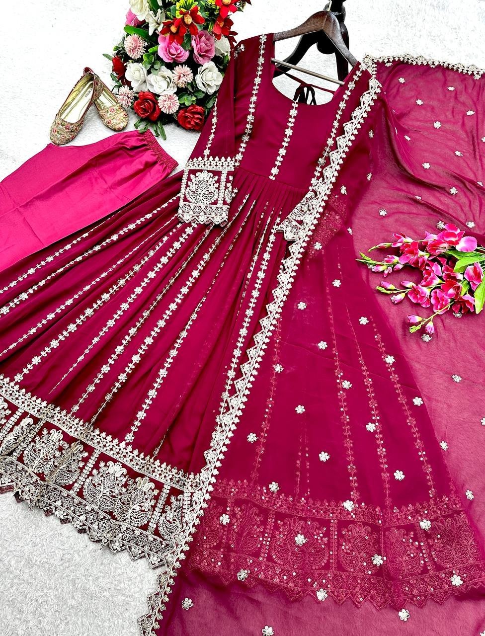 Pure Georgette Maroon Gown Bottom With Dupatta For Indian Festival Wear