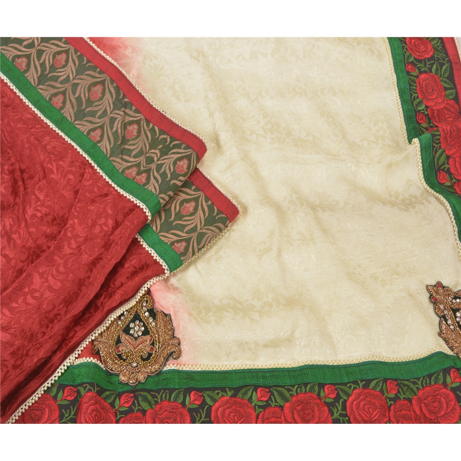 Sanskriti Vintage Ivory Sarees Blend Silk Hand Beaded Woven Unique Sari Fabric