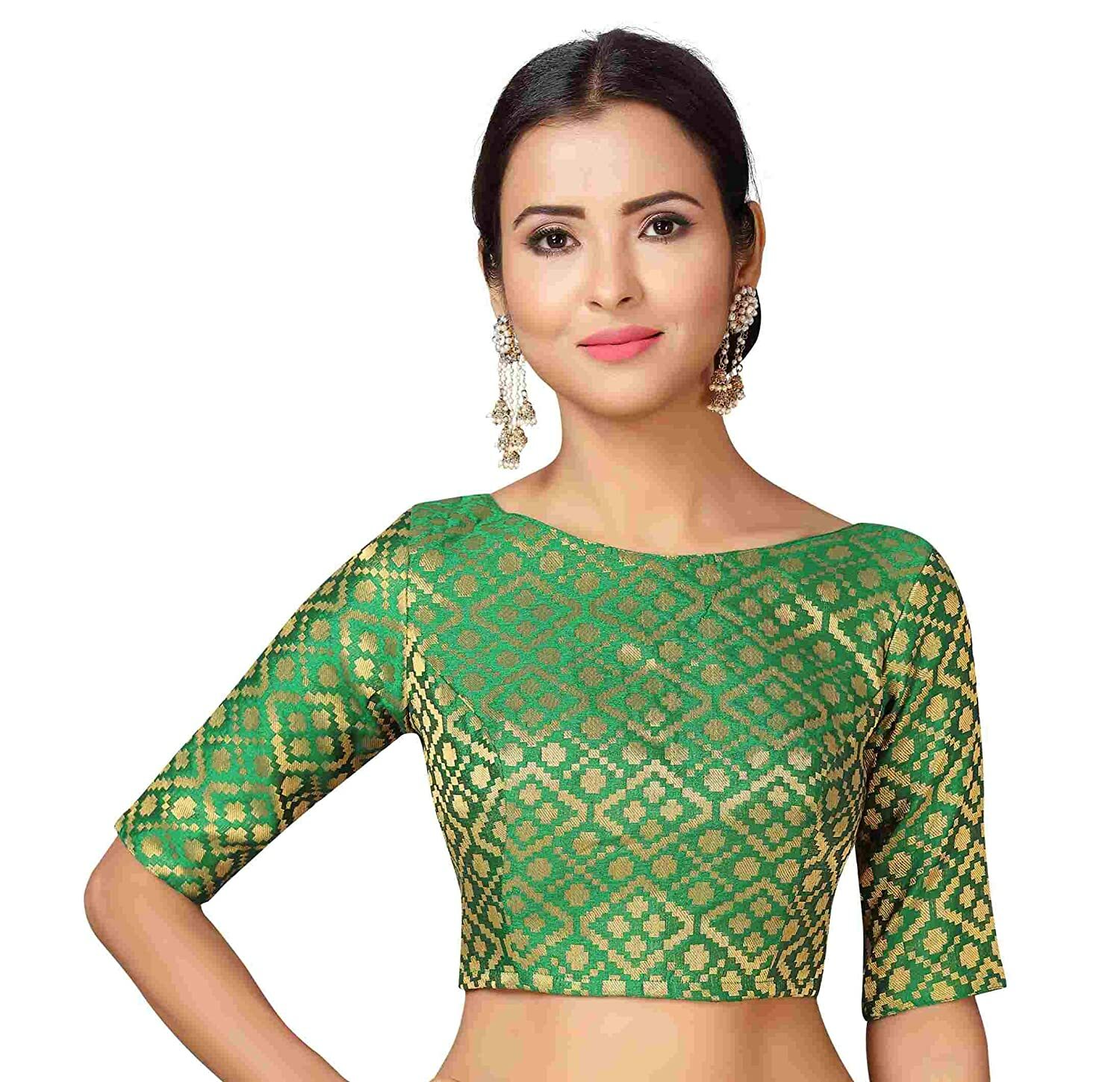 New Designer Women’s Brocade Stitched Elbow Length Sleeves Saree Blouse