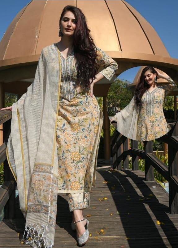 Women Viscose Kalmkari Printed Kurta Pant With Dupatta