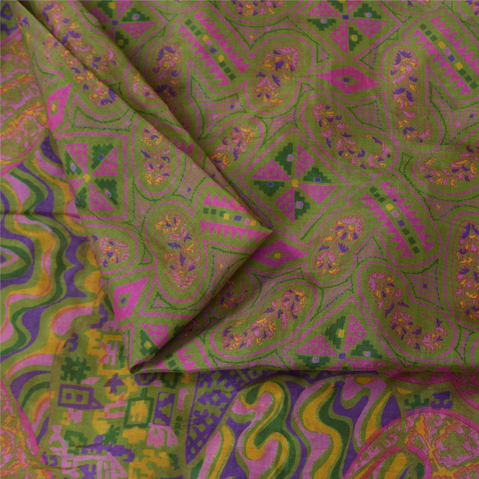 Sanskriti Vintage Sarees Ivory Pure Silk 5Yd Printed Sari 6+Yard Craft Fabric