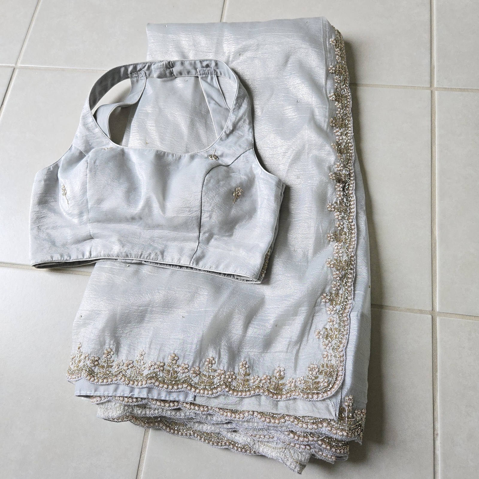 Ready to Wear Designer Modern Soft Organza Saree Shiny Gray Stitched Blouse S