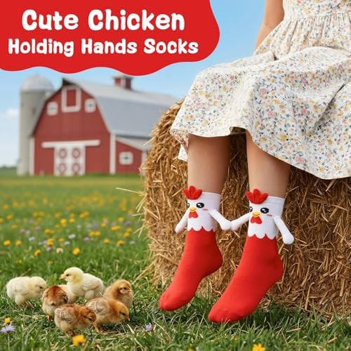 Magnetic Holding Hands Socks – Funny Chicken Animal Socks for One Size Red