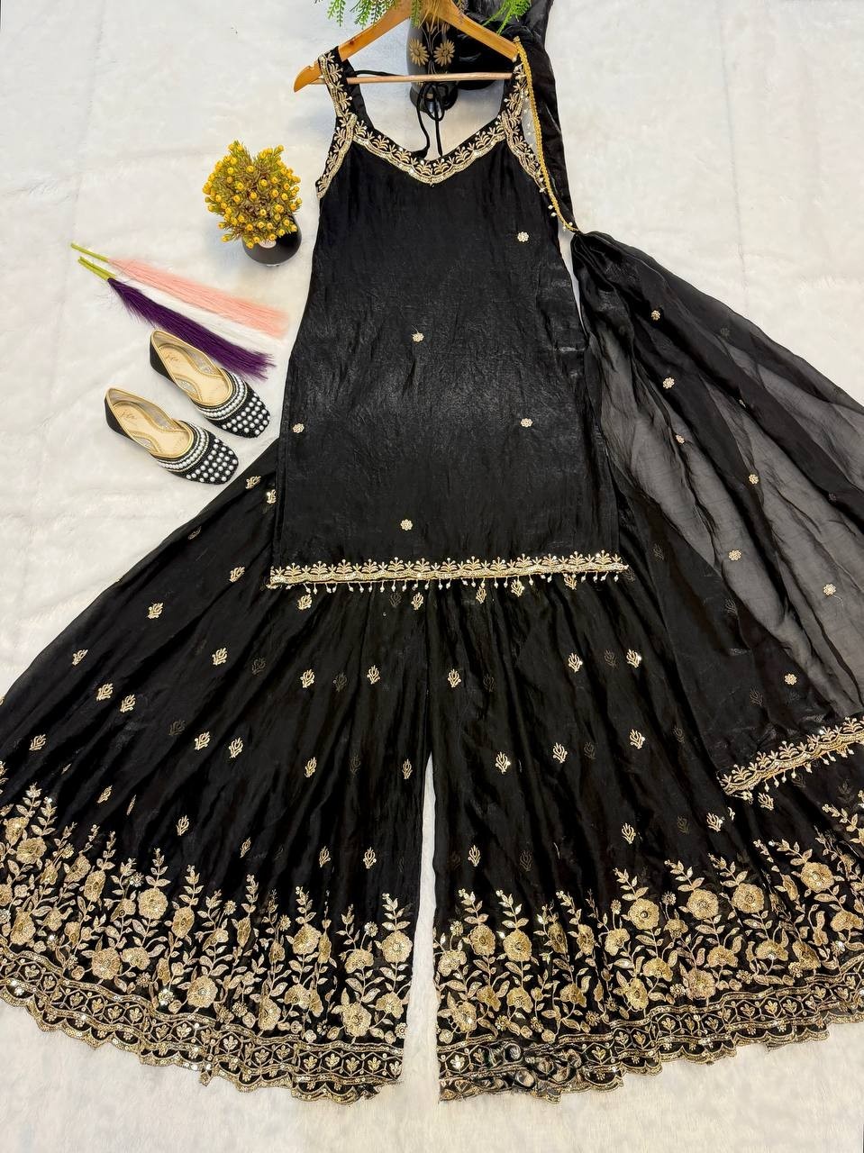 Latest Stylish Pure Silk Black Top Palazzo With Dupatta For Party Wear