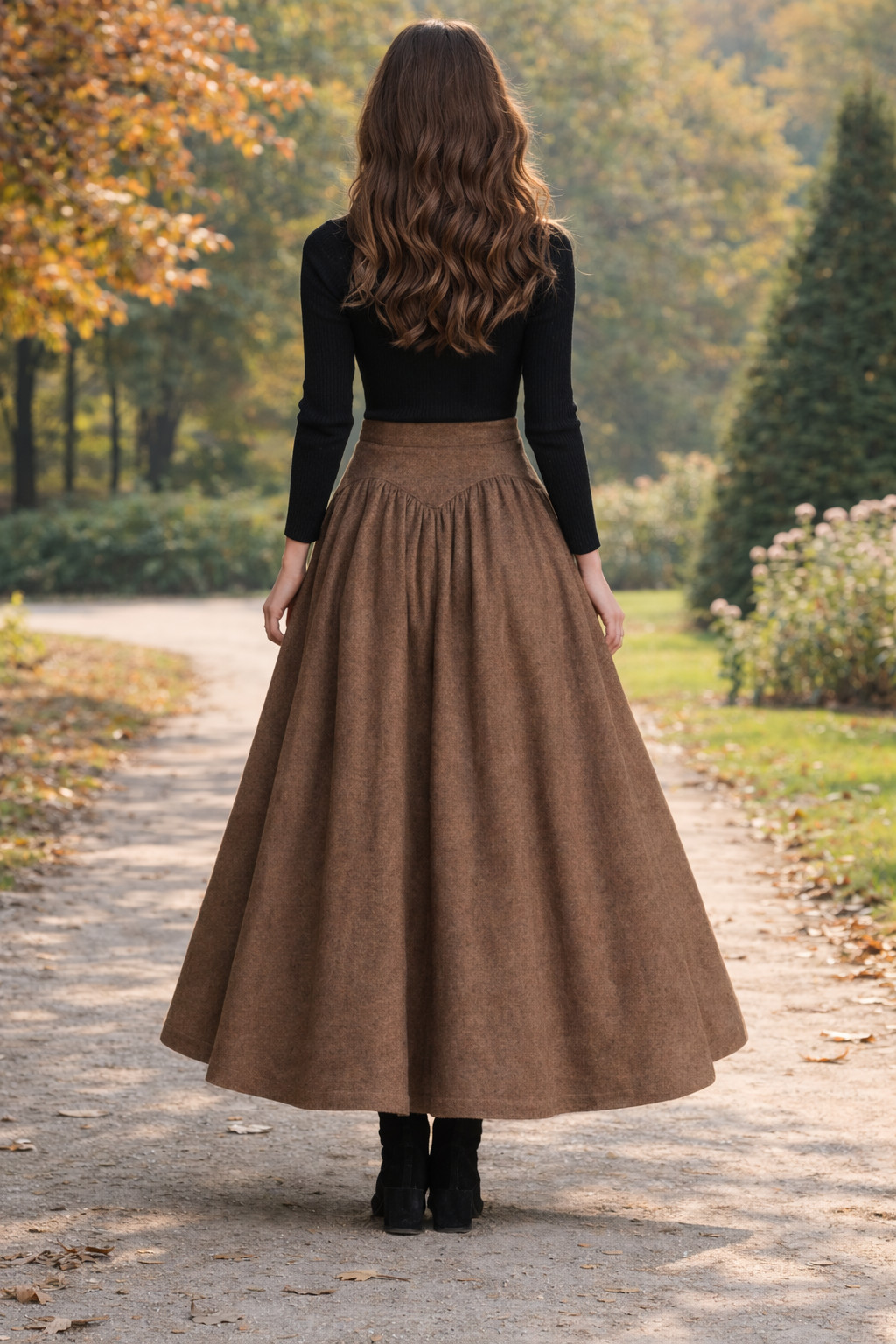 Elegant High-Waist Brown Wool Midi Skirt | Classic Winter Warm Wool Blend Skirts