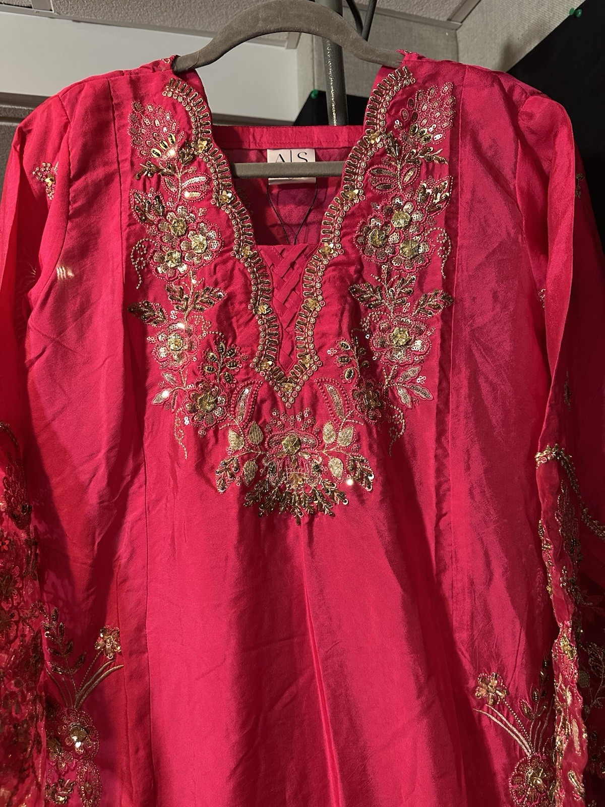 ASIAN STITCH ZARQUN BRAND – Emb Raw Silk Front & Back Emb, Net Lux Dupatta – $75