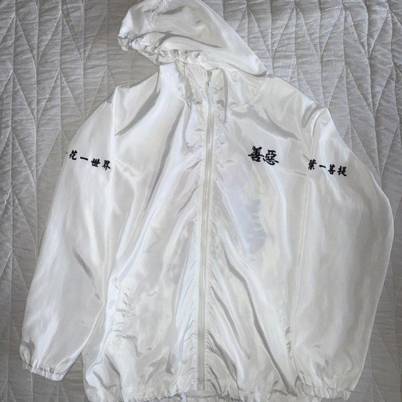 White Japanese Tengu Mask Graphic Hooded Windbreaker Jacket Kanji Streetwear