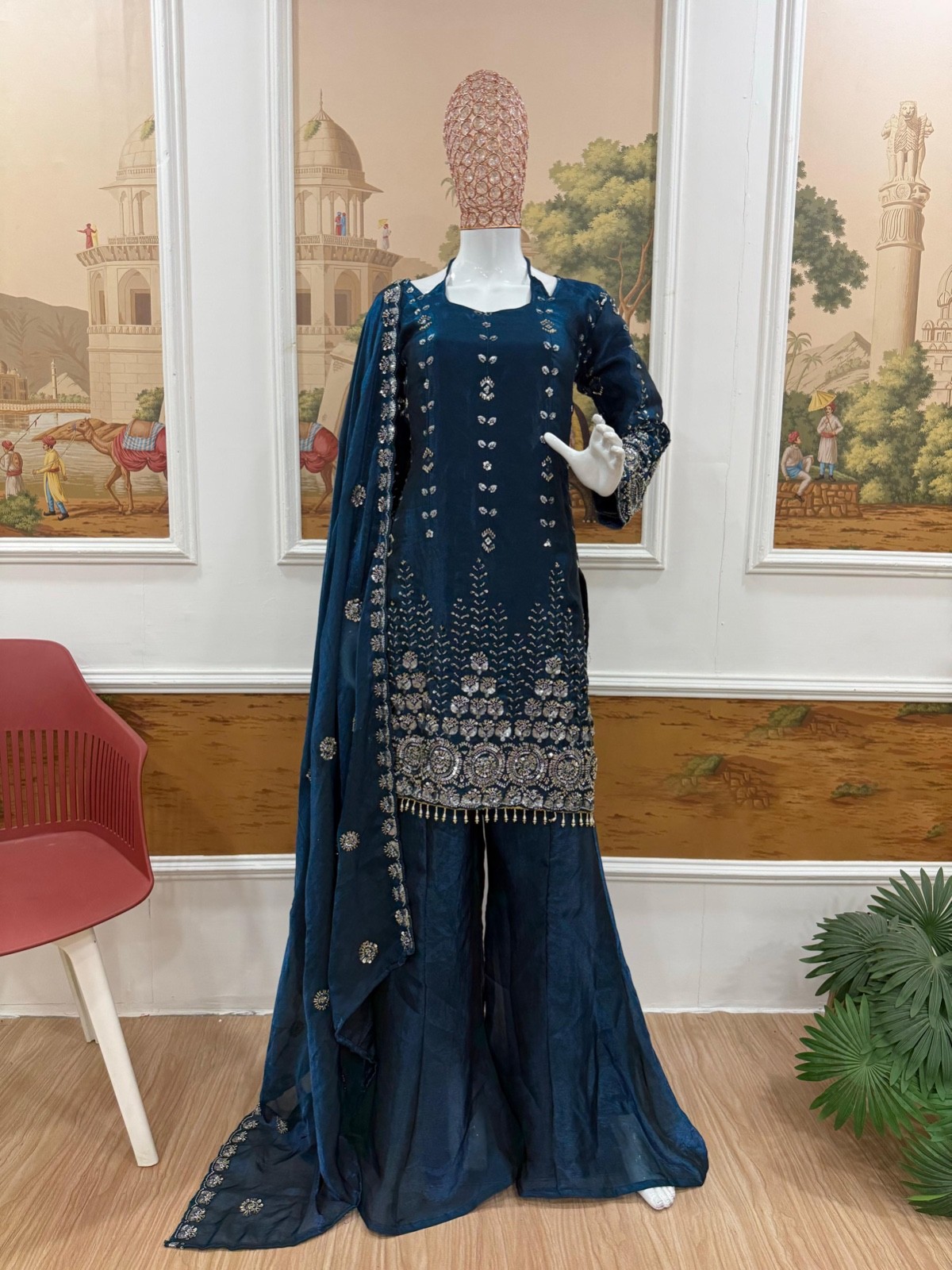 Women’s Fendy Satin Kurti Palazzo Set with Dupatta Embroidered Beads Work