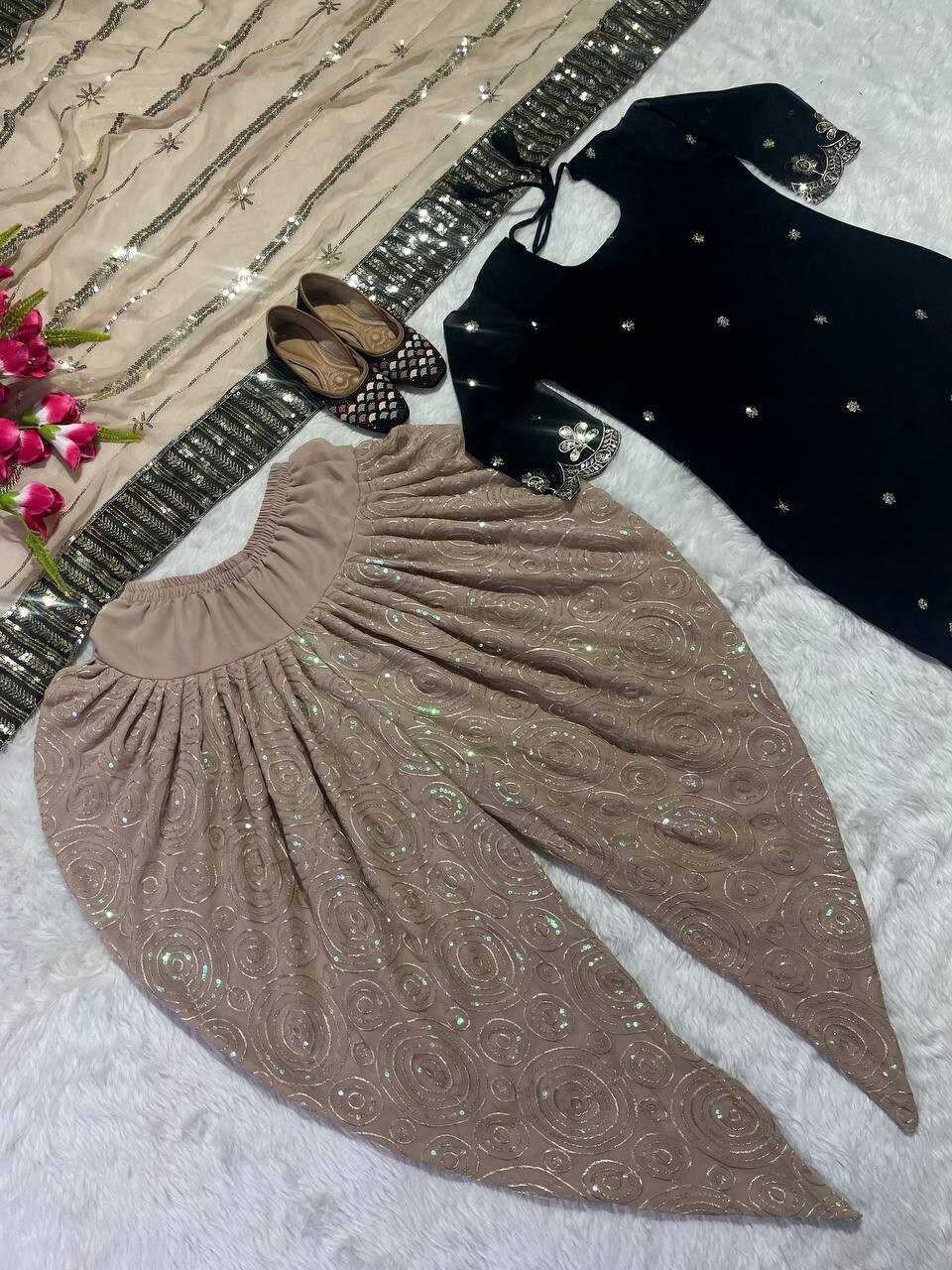 Latest Malay Satin Silk With Sequence Work Black Top-Dhoti And Dupatta For Women
