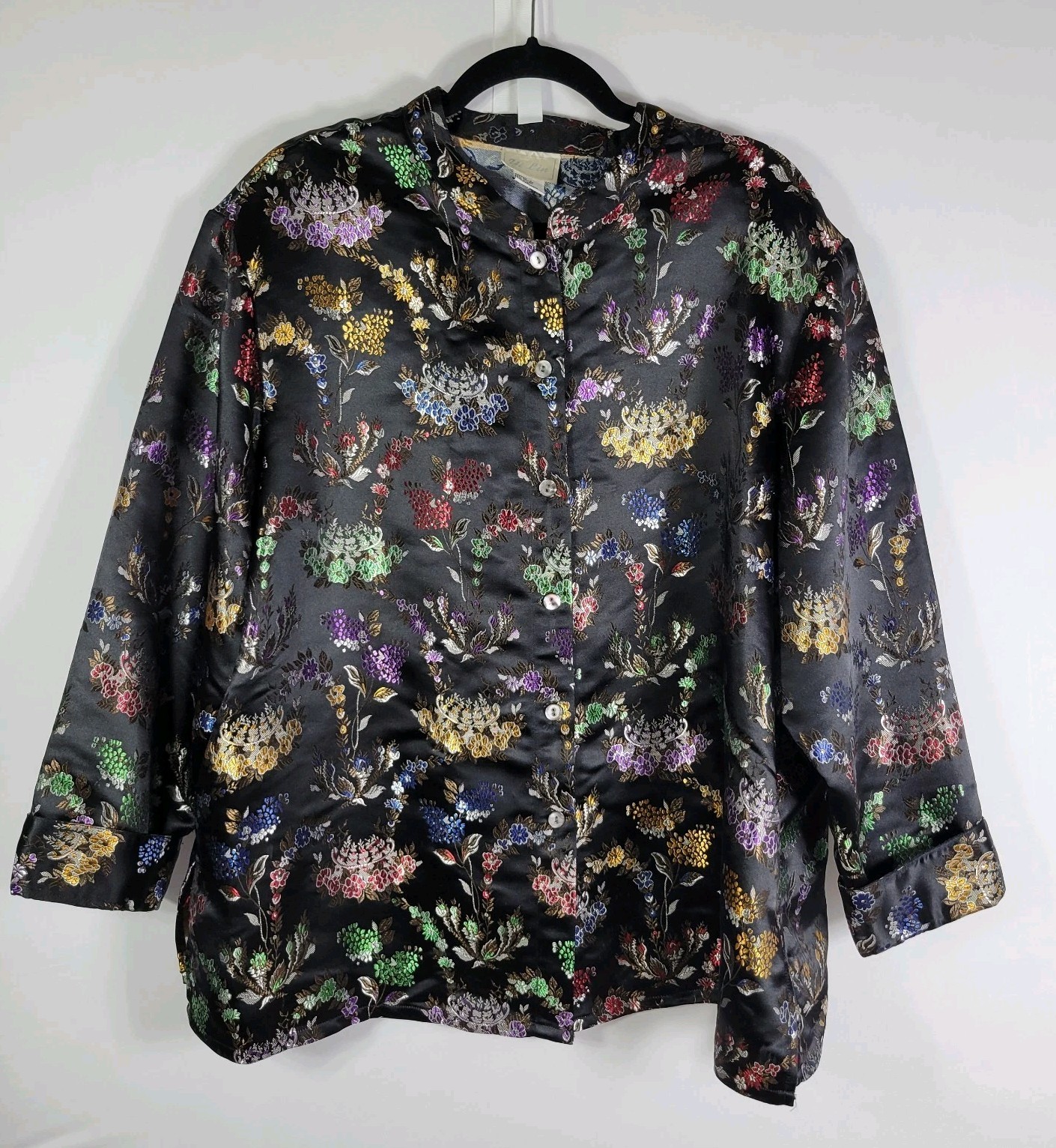Vintage Womens Jacket Black Satin Rainbow Floral Brocade Mandarin Collar Size 2X