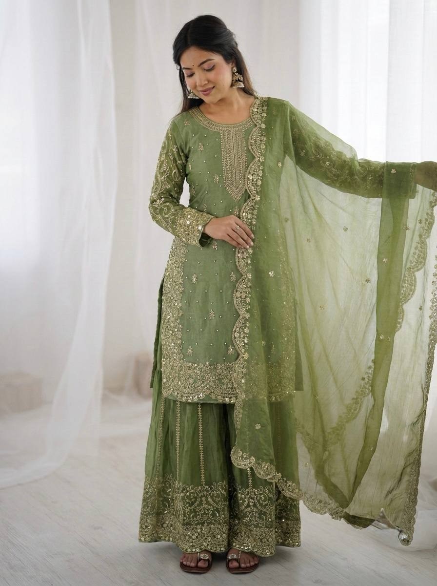 New Designer Silk Top Palazzo With Pista Green Dupatta For Wedding Wear