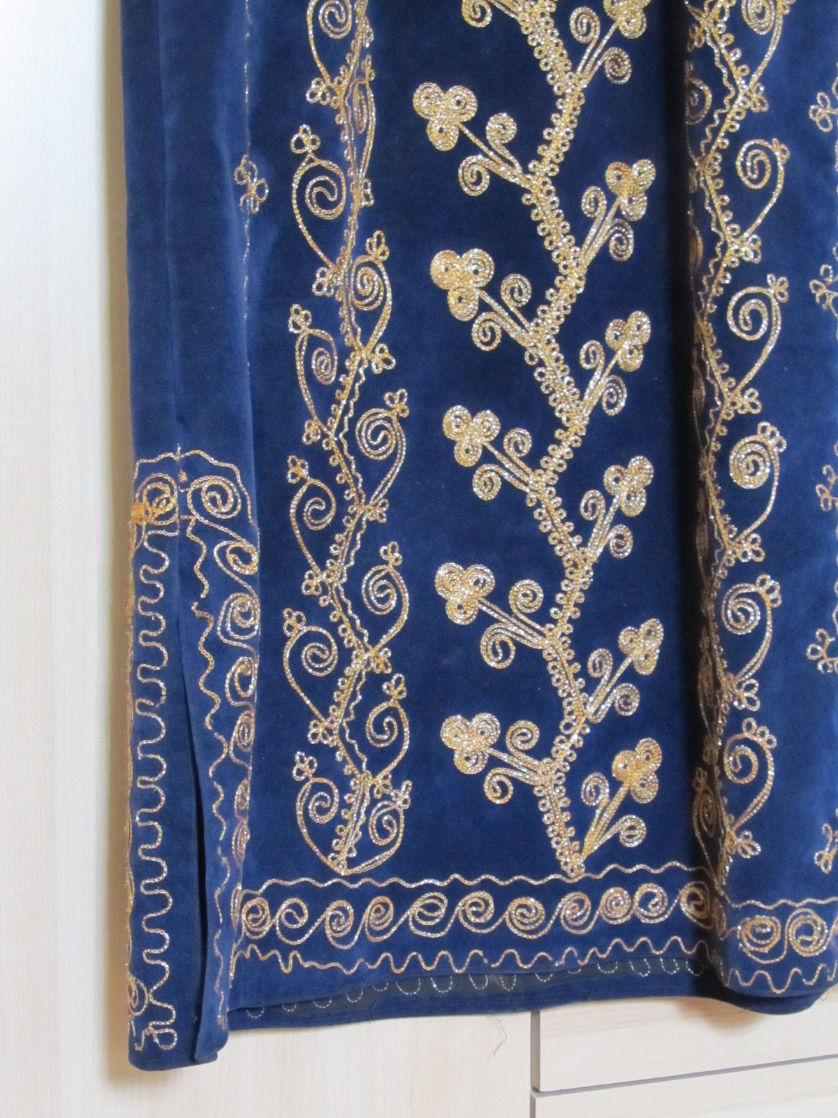 Fine Traditional Vintage Blue Velvet Gold-Silver Embroidered Folk Caftan Dress