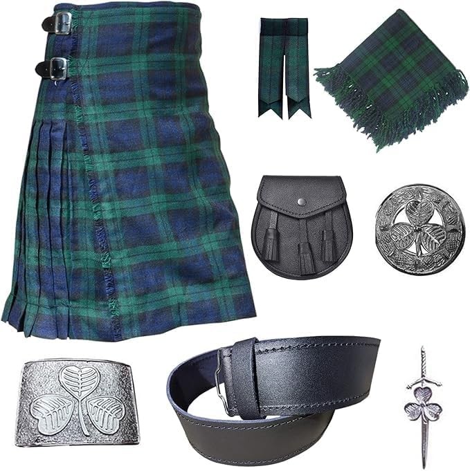 Scottish Traditional 8 Yards Tartan Kilt Outfit for Men (Black Watch, 32)