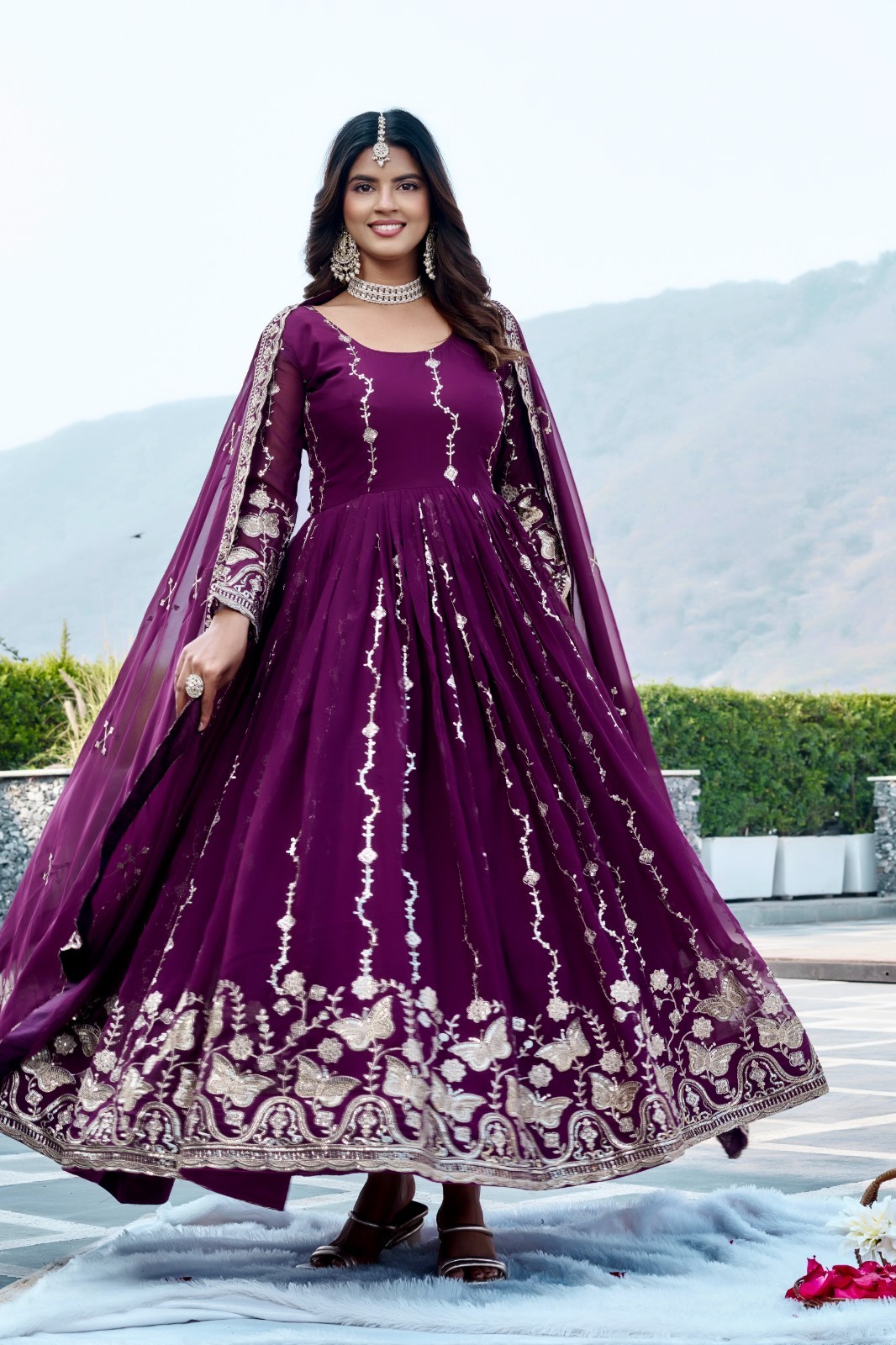 Fully Stitched Fox Georgette Gown Dupatta Heavy Sequins Festive Indian Dress 2pc