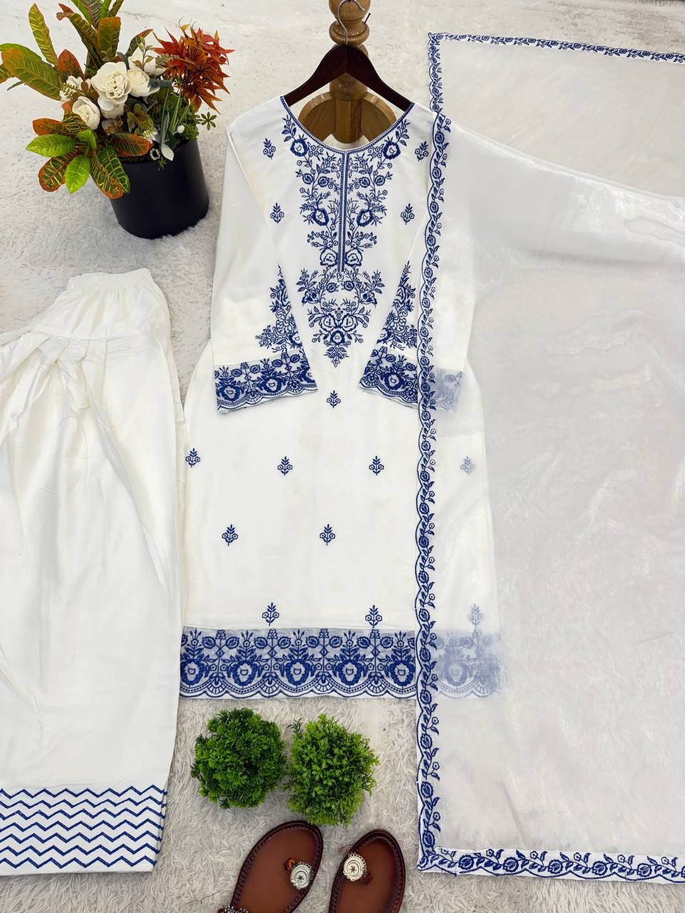 Embroidered Rayon Cotton Kurti Set with Farshi Pant & Silk Dupatta