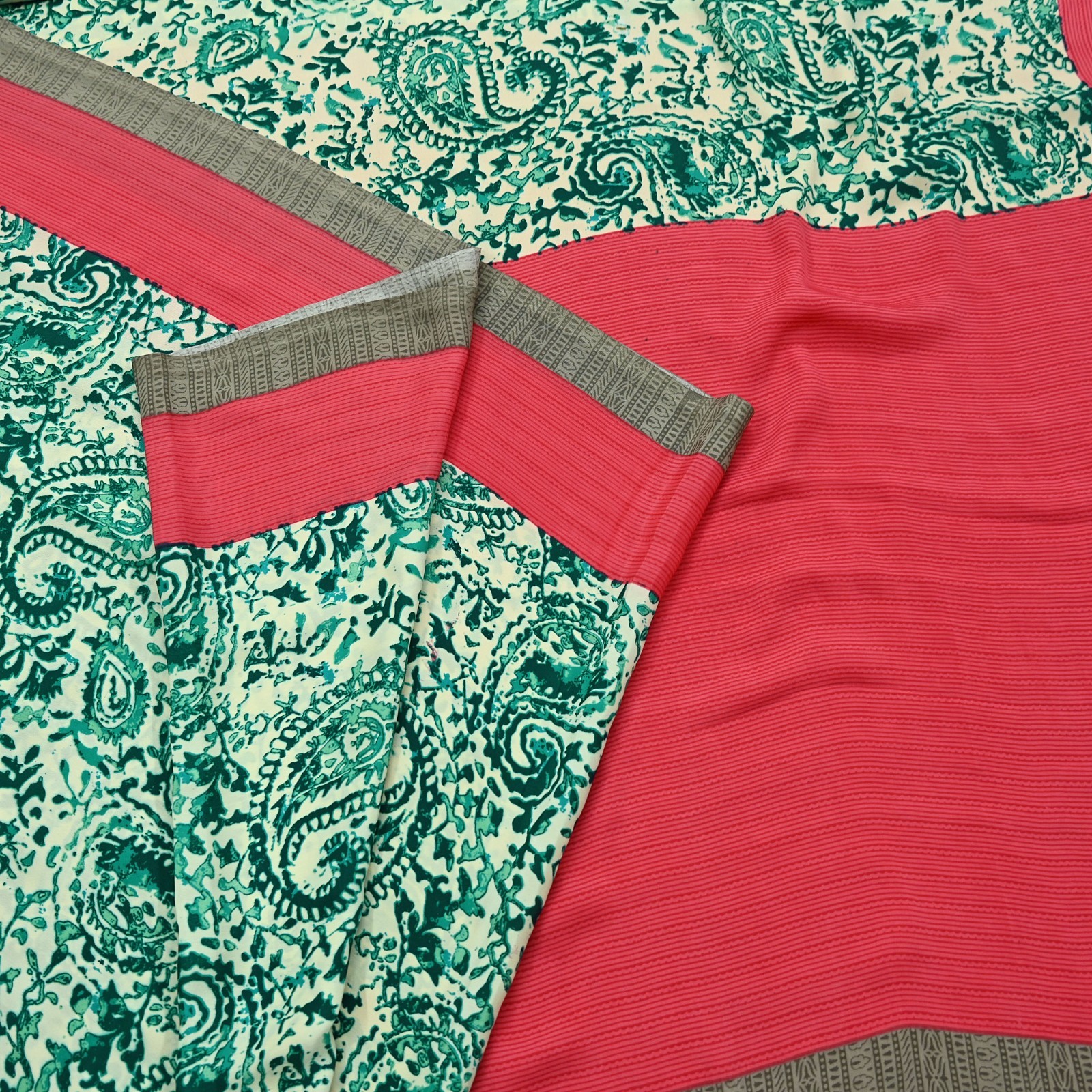Indian Vintage Sari Pink & Ivory Moss Crepe Printed Sarees 6yd Craft Fabric soft