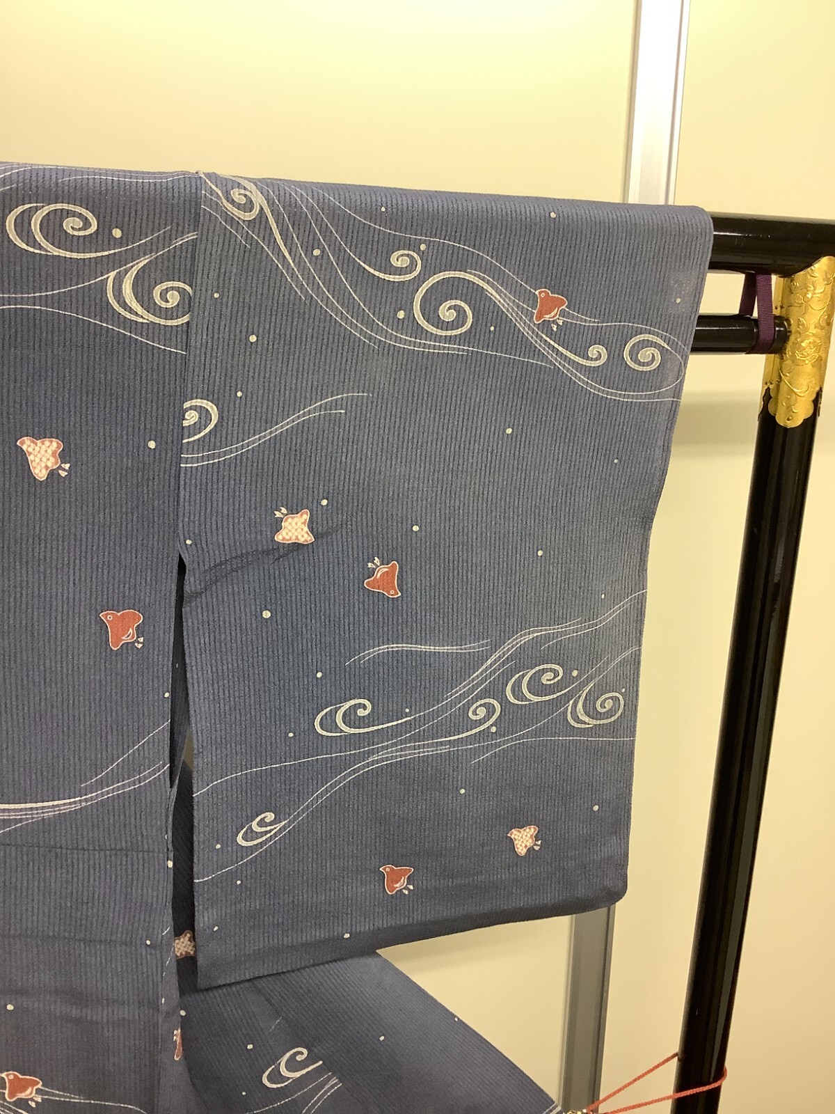 Japanese Vintage Kimono Polyester Gray tradition bird wind Height 63.38in
