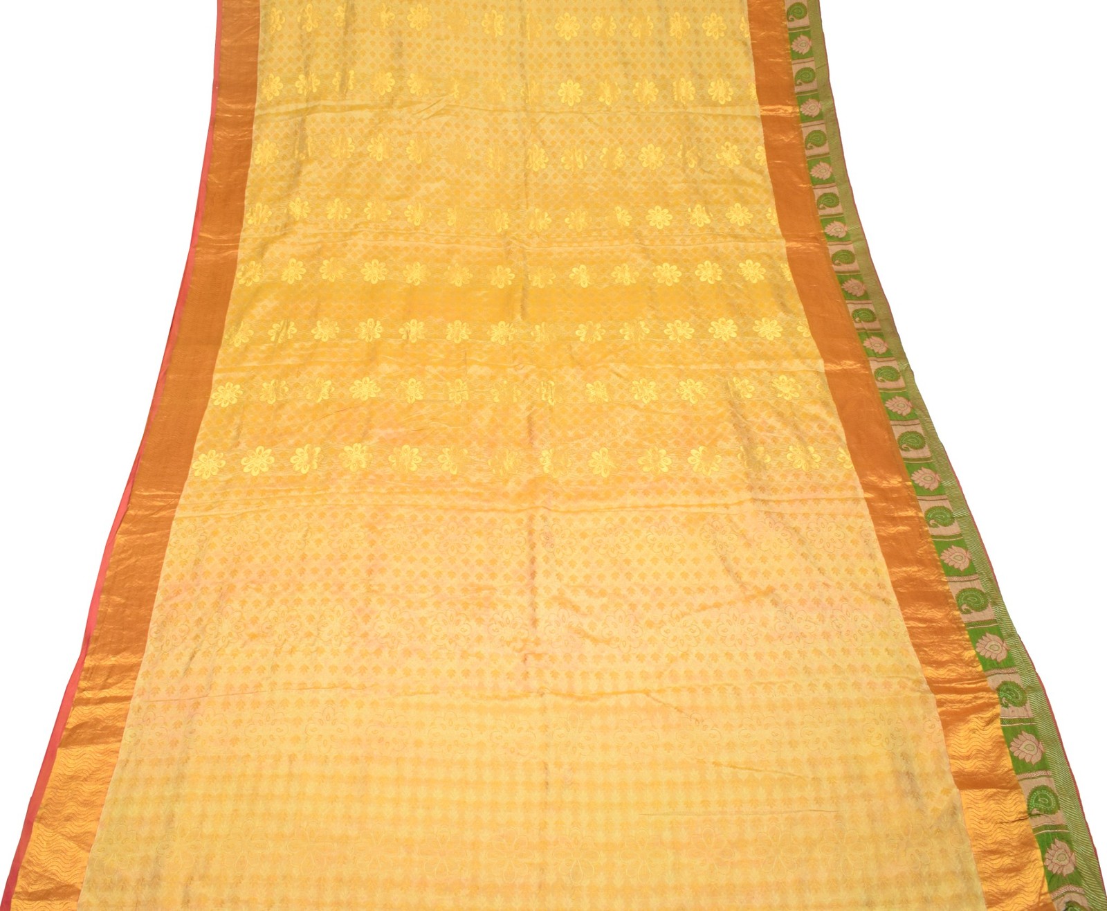 Sushila Vintage Light Yellow kanjivaram Saree Pure Silk Zari Brocade Sari Fabric