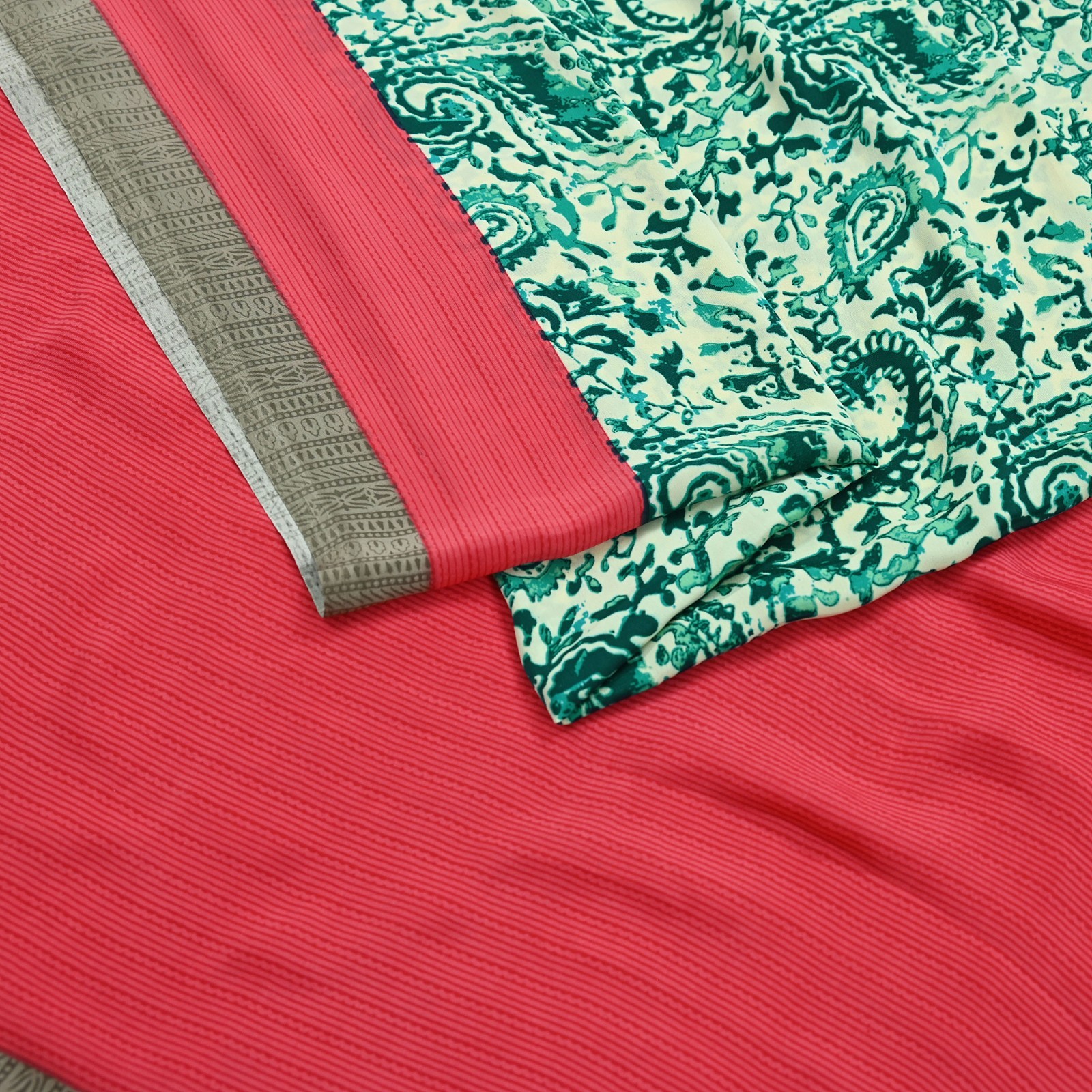 Indian Vintage Sari Pink & Ivory Moss Crepe Printed Sarees 6yd Craft Fabric soft