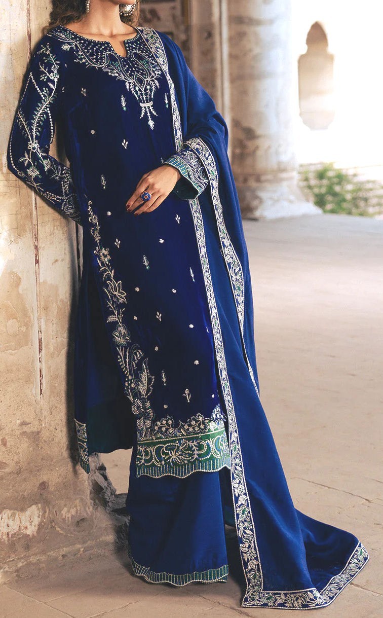 Maryum & Maria Women’s Micro Velvet Deep Blue Salwar Kameez w/ Dupatta – Medium