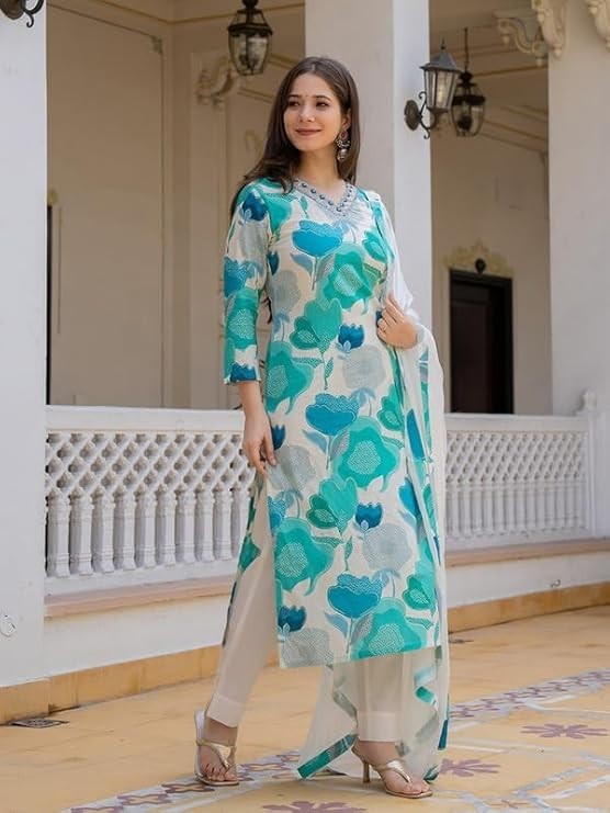 Women’s Rayon Blend Floral Straight Printed Kurta Pant With Dupatta Set | Kurta