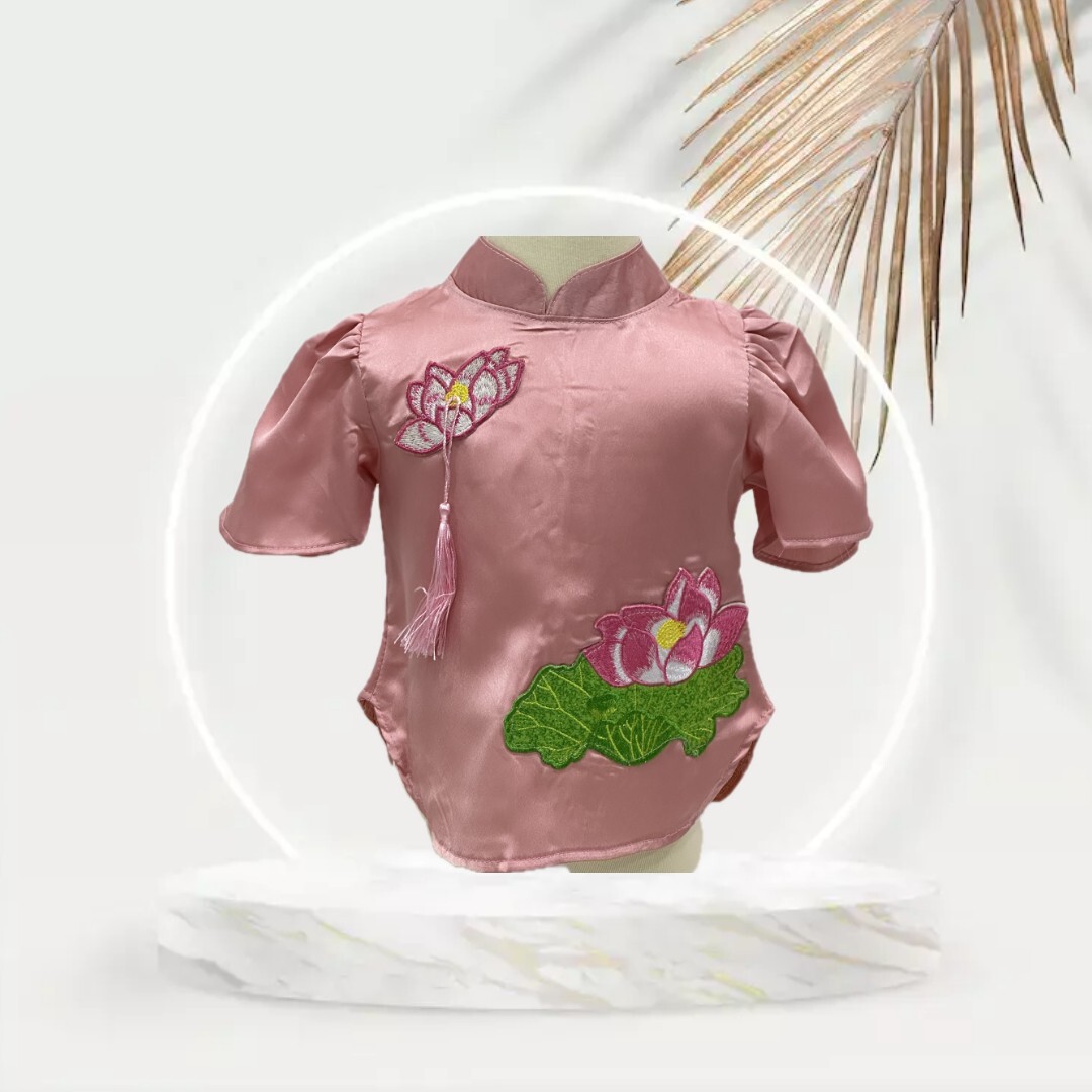 Pink Vietnamese Ao Dai with Green Pant for Girl. Complete Set