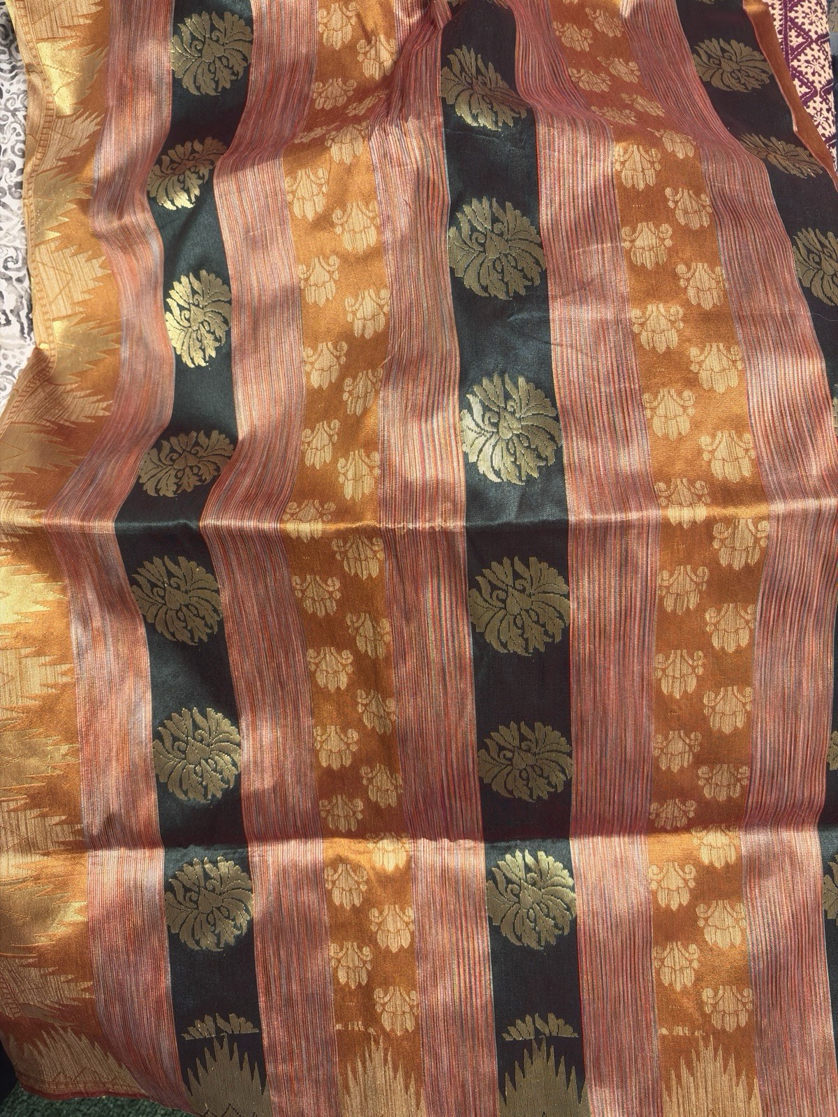 Women’s Gold & Orange Multi Color Artificial Raw Silk Sari/Saree