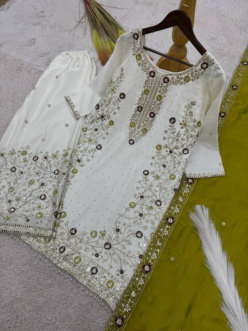 New Presenting Olive Green Chinon Silk Kurta Palazzo With Dupatta For Women
