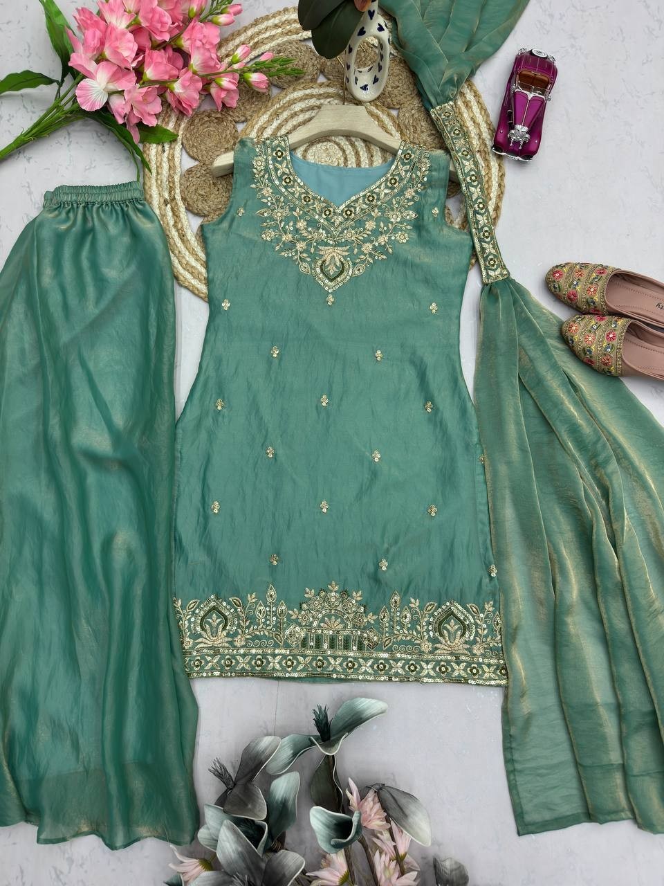Eid Reception Party Wear Fandy Silk Sharara Plazzo Suit