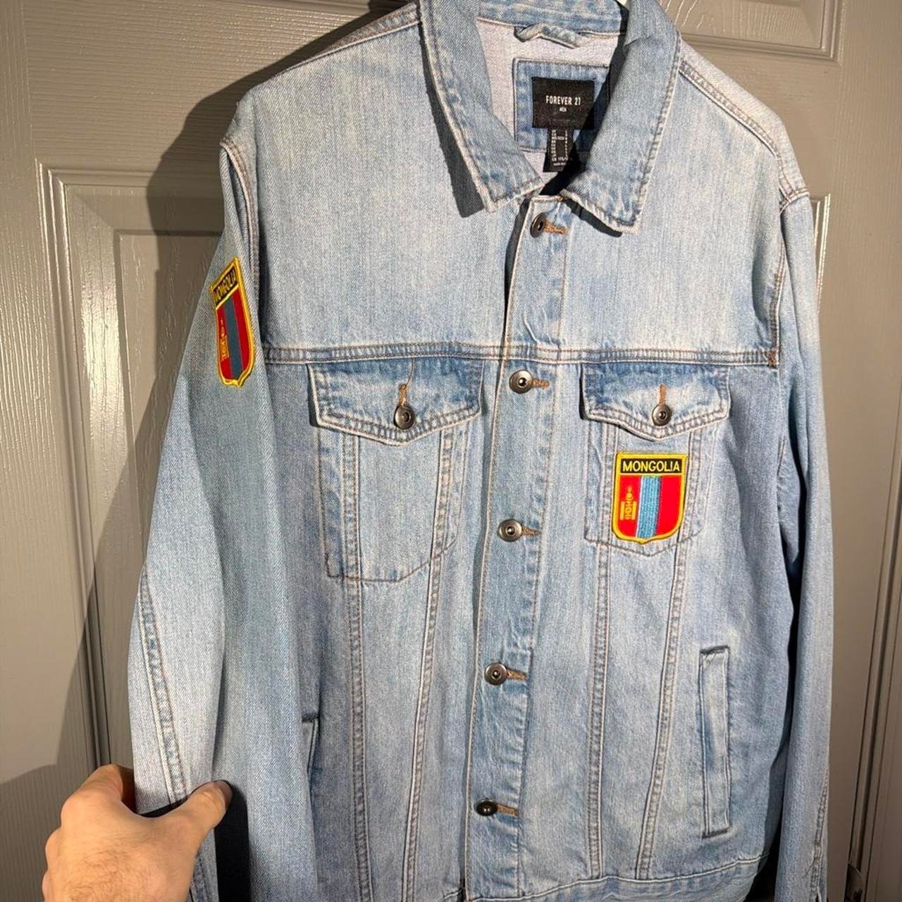 Forever 21 Light blue denim jacket with Mongolia patches Size L