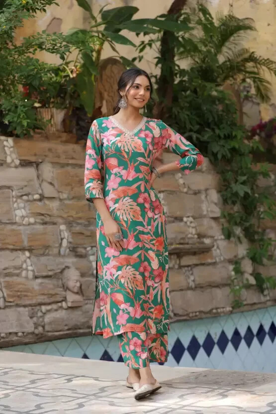 Women Cotton Rayon Kurta Palazzo Set Indian Designer Top Tunic Kurti Set Dress