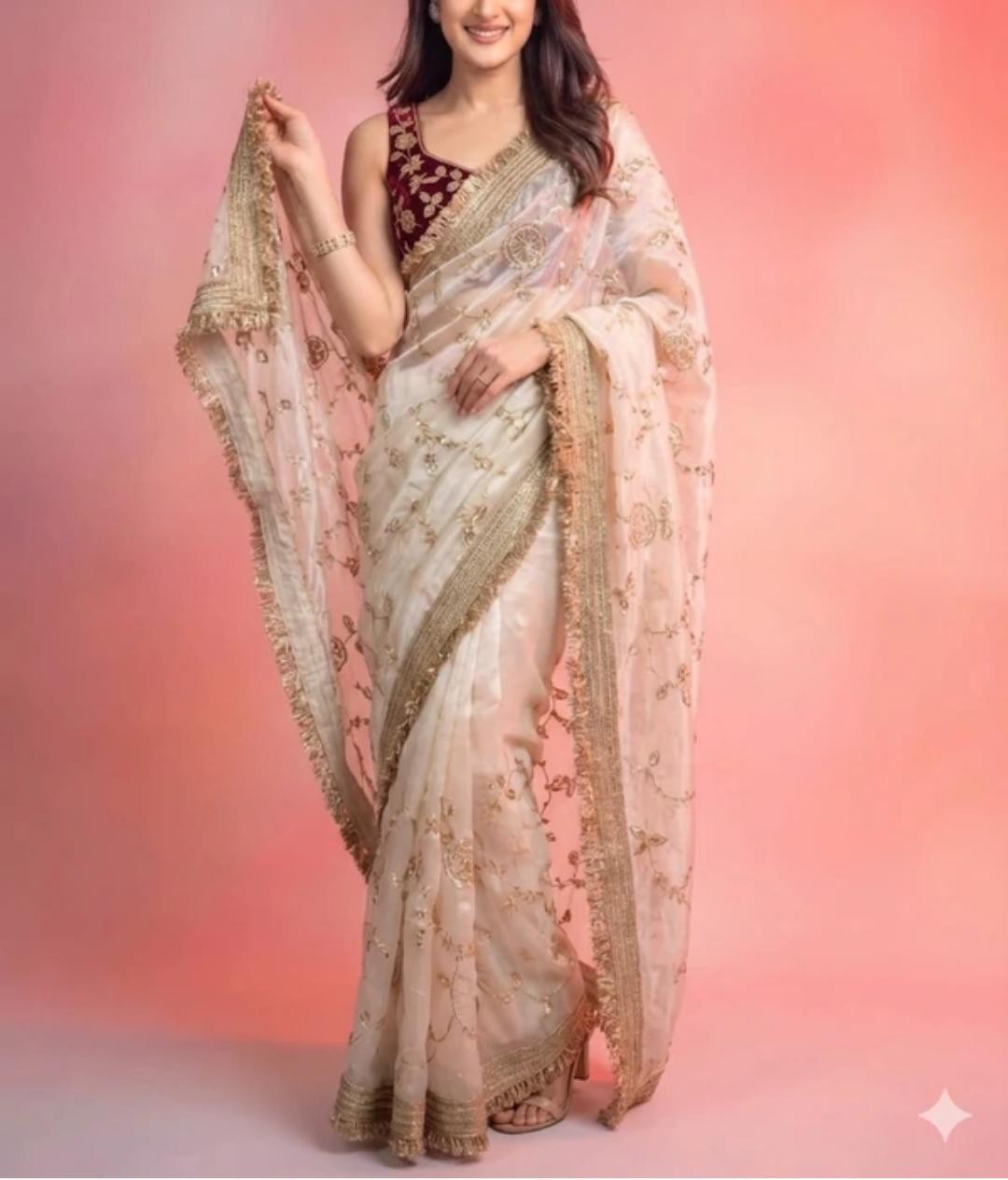 Off White Satin Saree Gold Sequins Embroidery Wedding Party Saree Free Petticoat