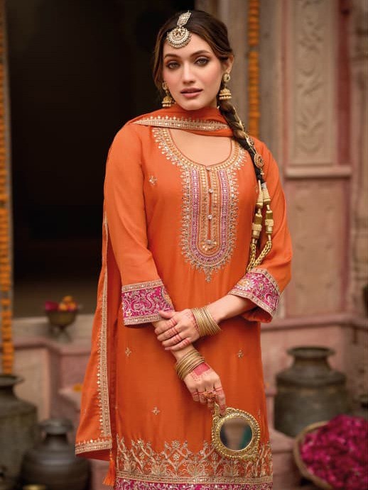 Designer Chinon Embroidered Suit – Top, Dupatta & Farshi | Festive Wear | suit