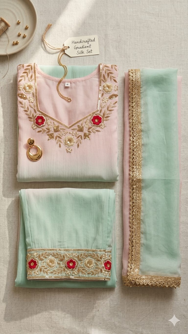Custom Handmade Blush Pink Crinkle Chiffon Salwar Kameez Suit | Hand Embroidered