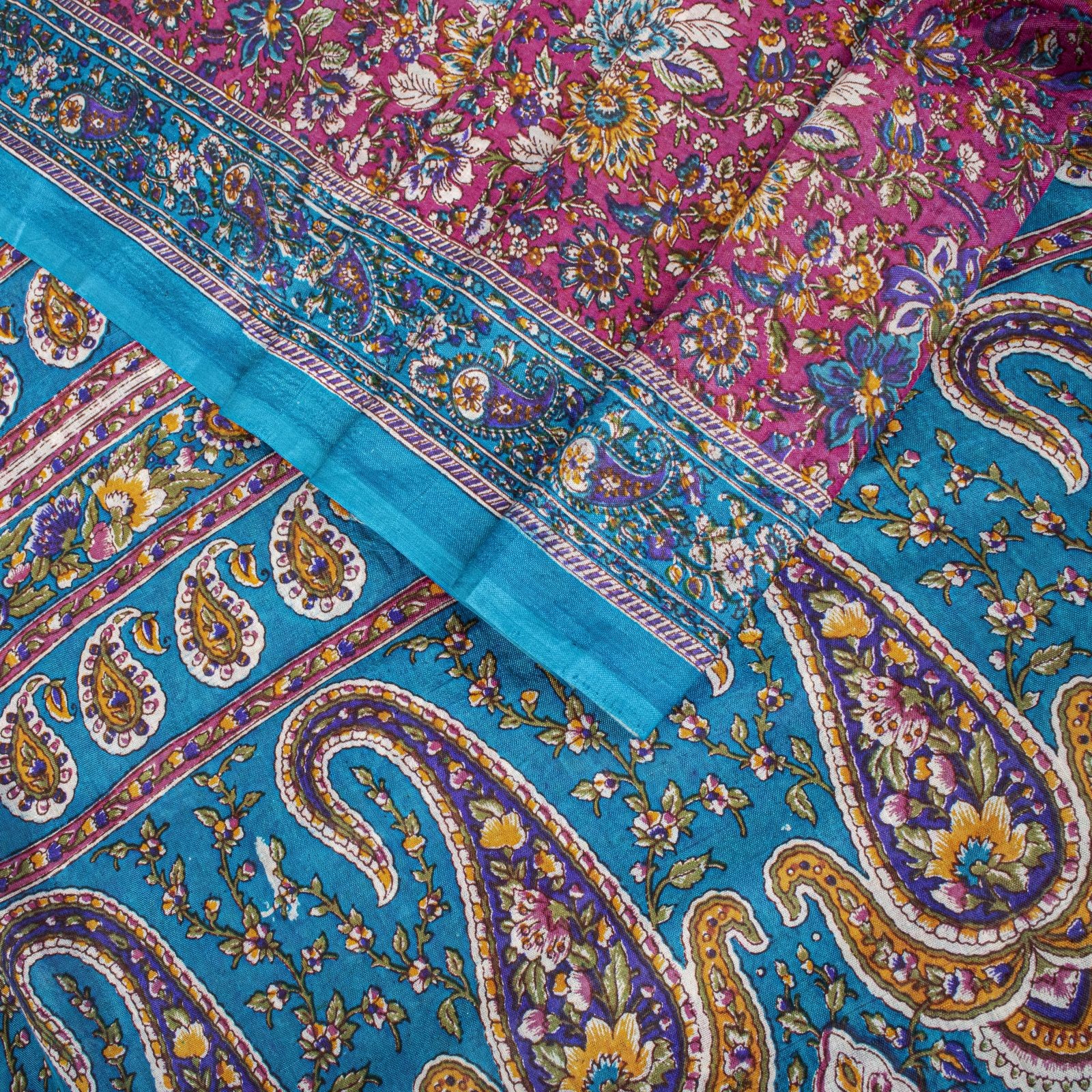 Sanskriti Vintage Saree Pink-Blue Pure Cotton Floral Printed Sari Fabric 5+Yard