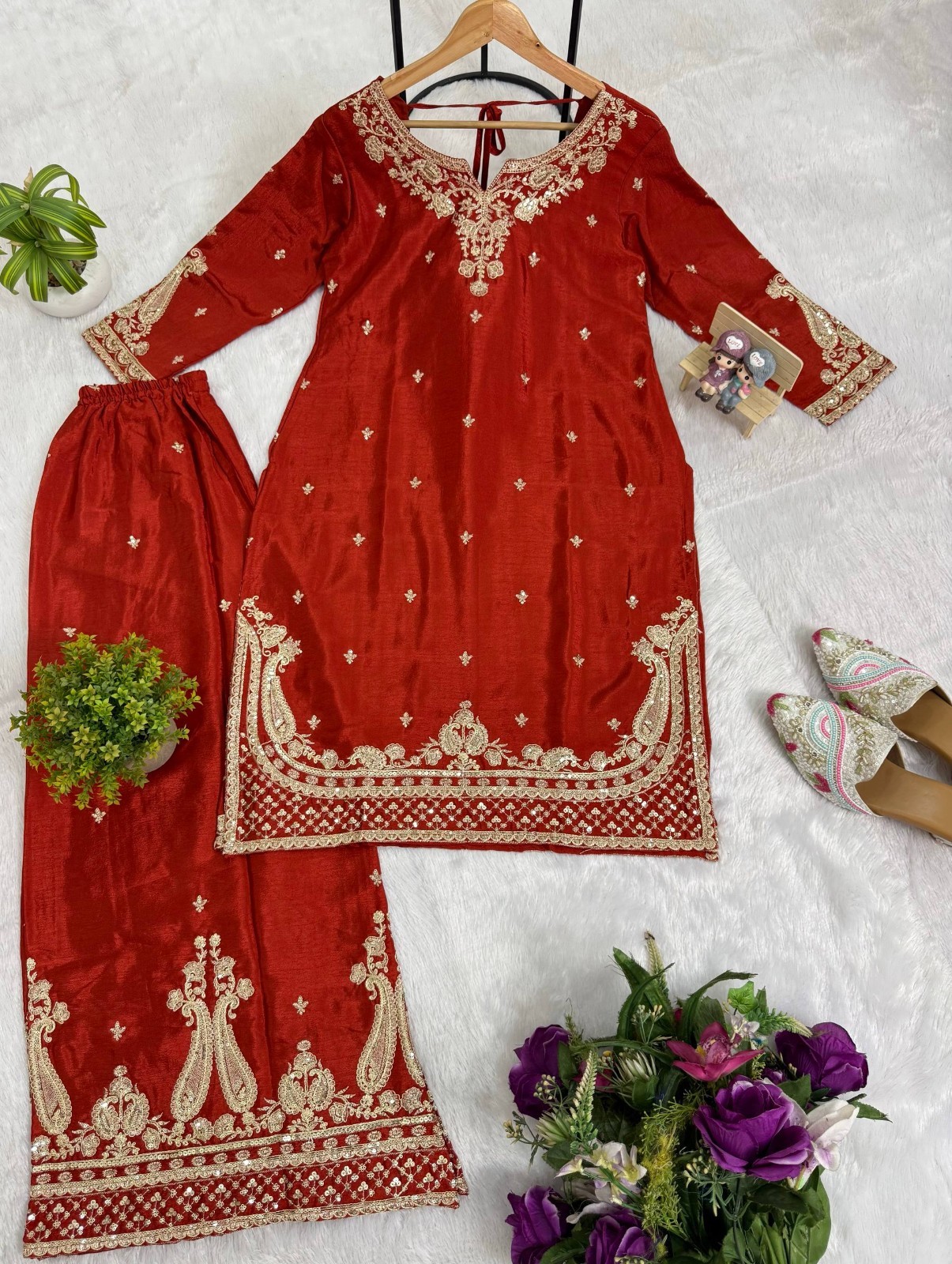 Women’s Readymade Pakistani Style Chinon Kurti Palazzo Dupatta Set Ethinic Suit