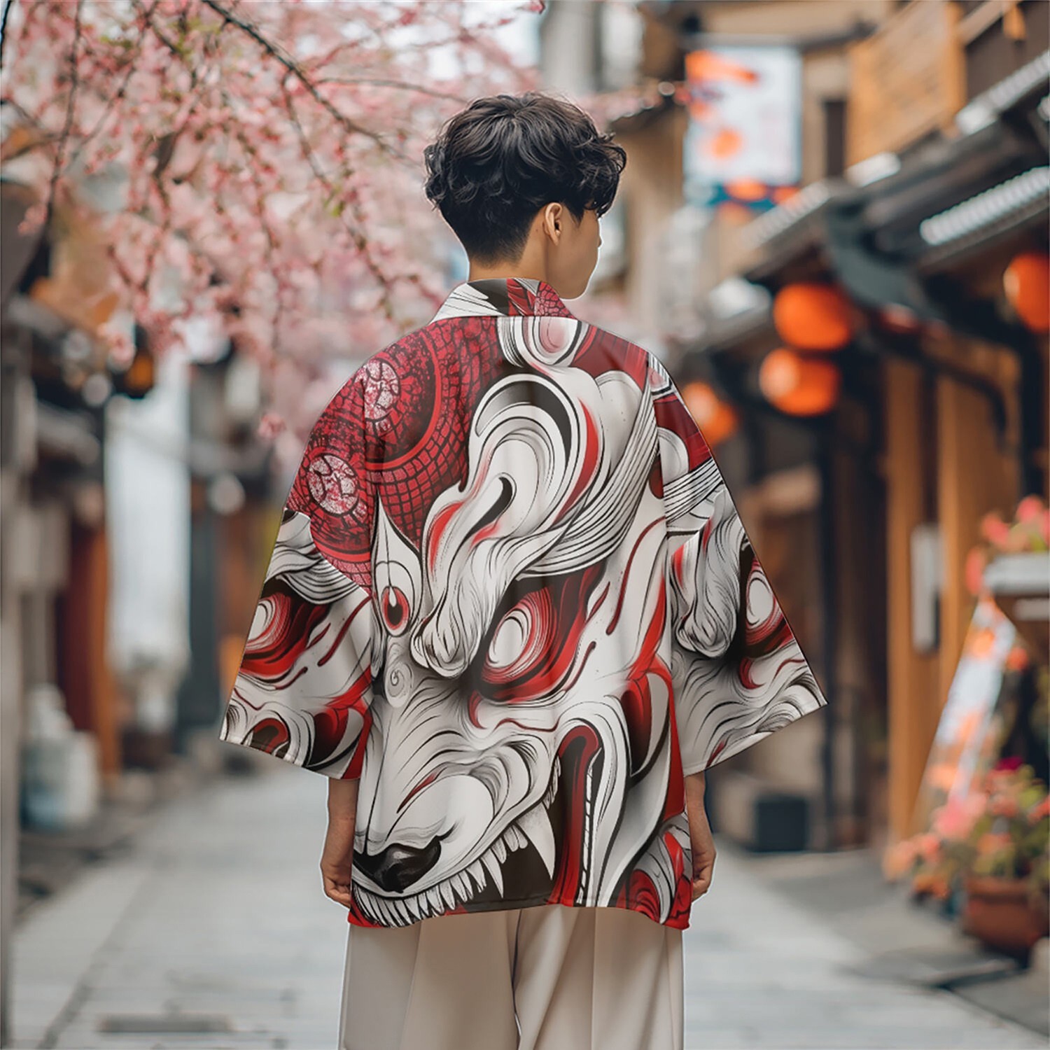 Niepce Men’s Japanese Graphic Lightweight Red Monster Kimono Cardigan Shirt Top