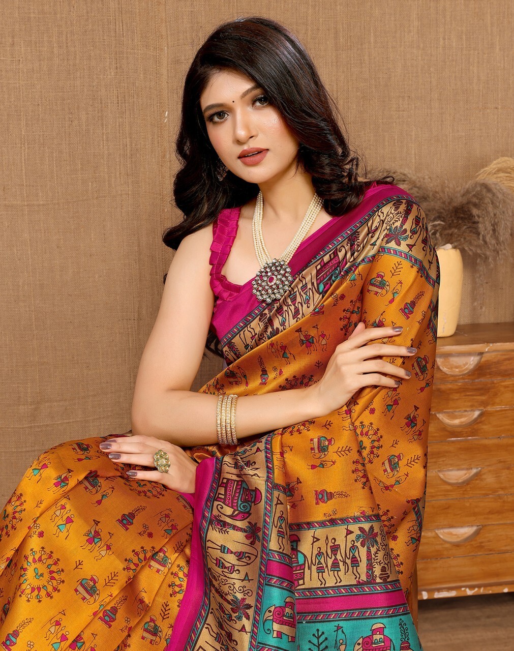 Printed Daily Wear Art Silk Saree (Yellow)