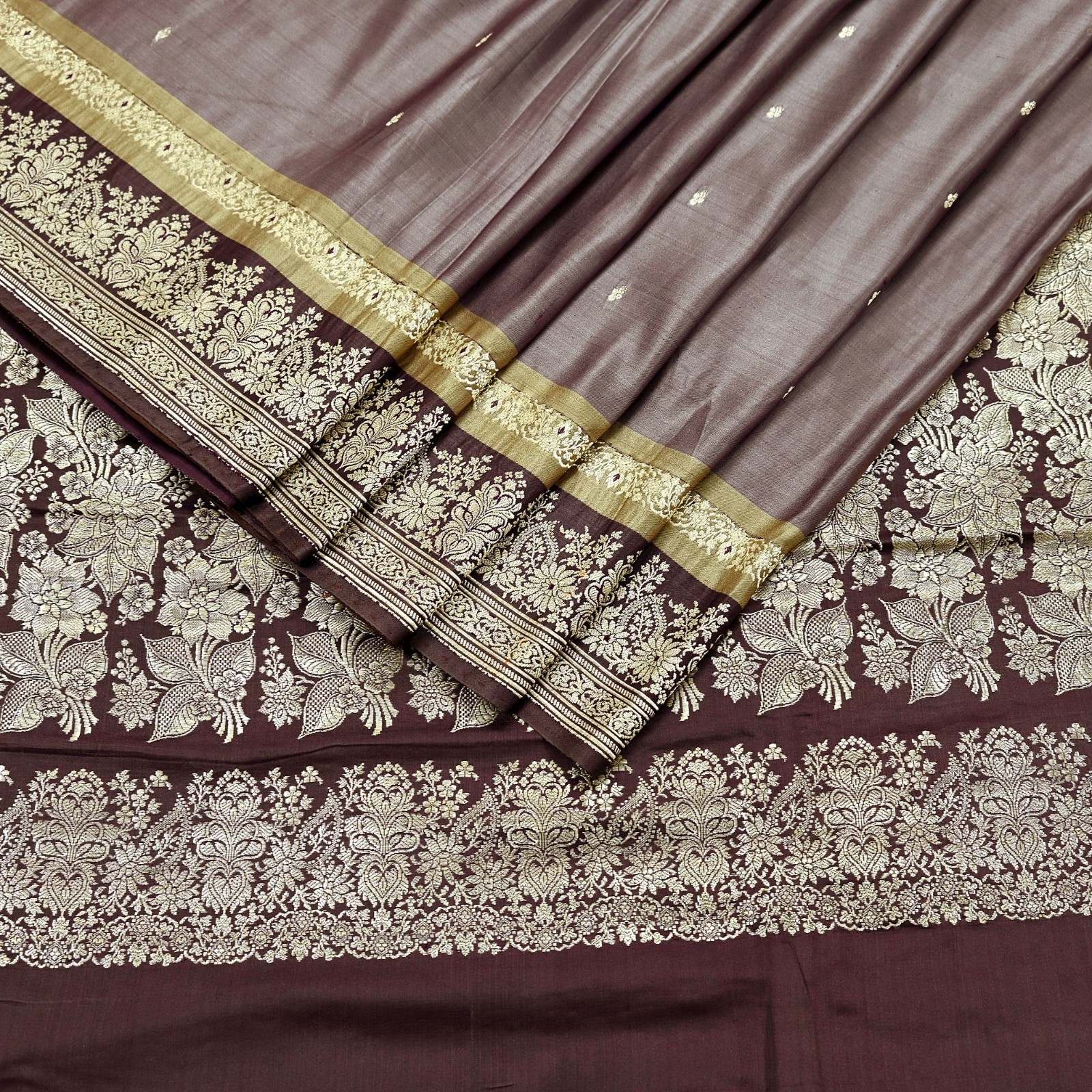 Vintage Sari Brown Heavy Pure Satin Silk Woven Banarasi Brocade Saree 5YD zari