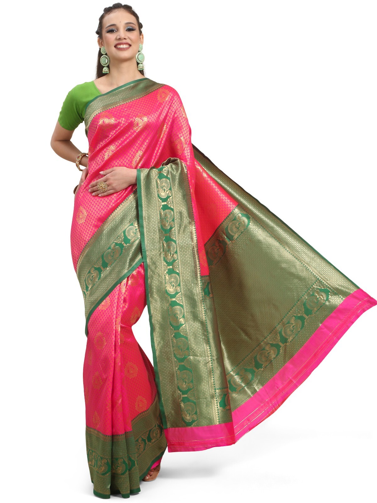 Areca Designer Pink Peacock Silk saree blouses women Saree cut-5.5 meter